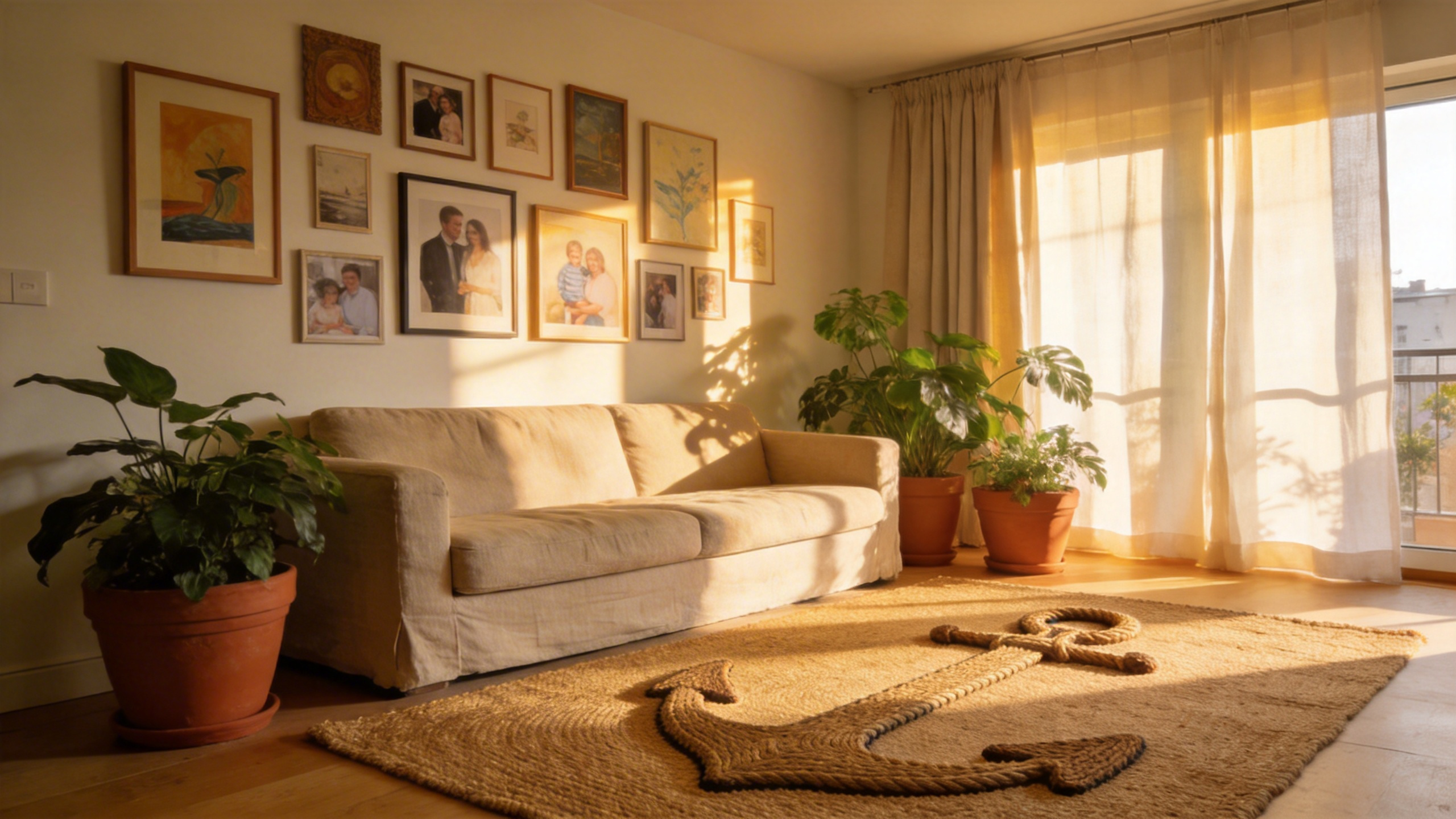 A fully realised apartment living room decoration bringing together anchor rugs, layered lighting, gallery walls, and cohesive colour — proof that rental spaces can look genuinely designed.