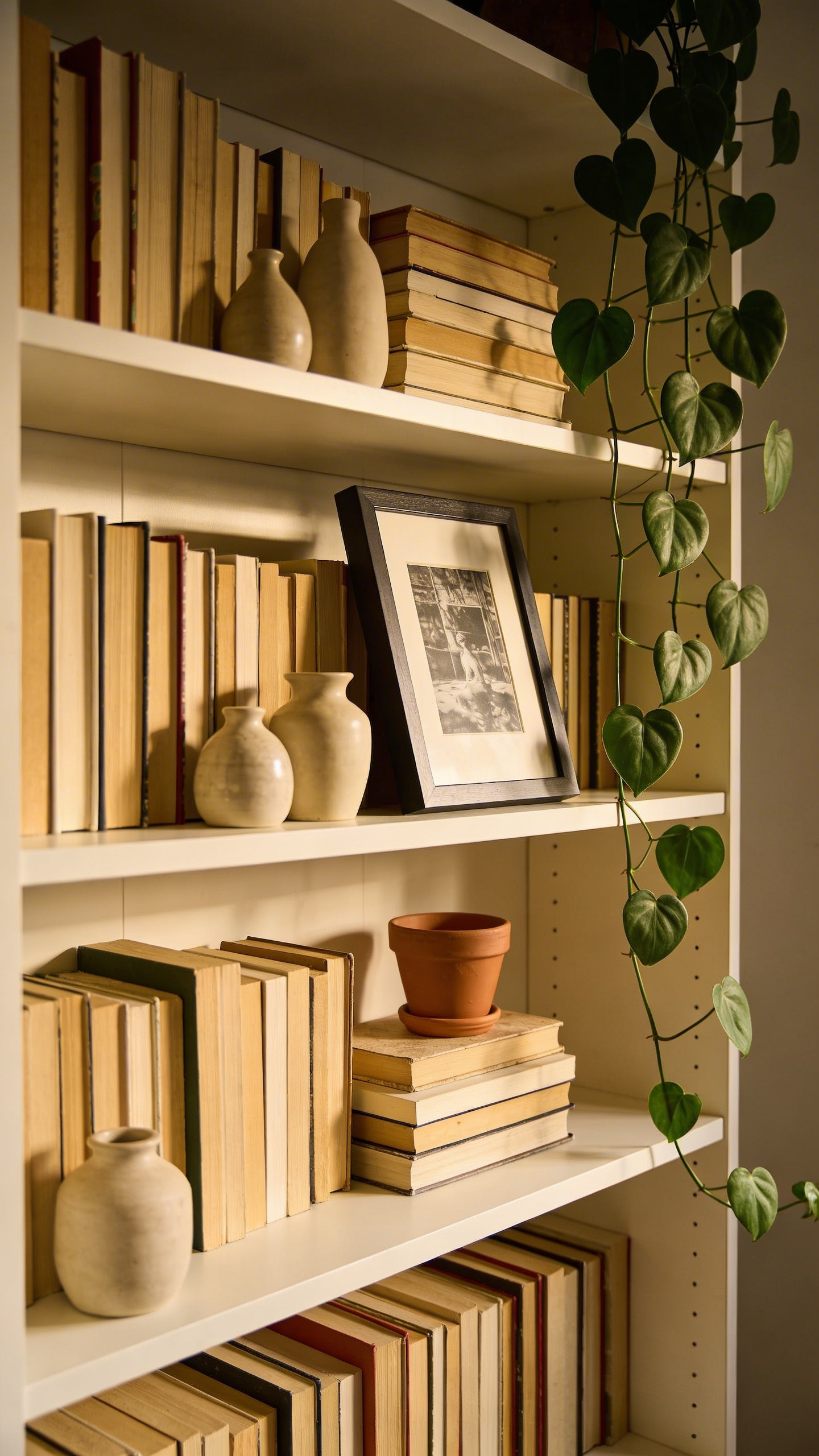 Bookshelf styling that mixes books, objects, and plants at varying heights is one of the most effective apartment living room decoration techniques for adding depth and personality to vertical surfaces.