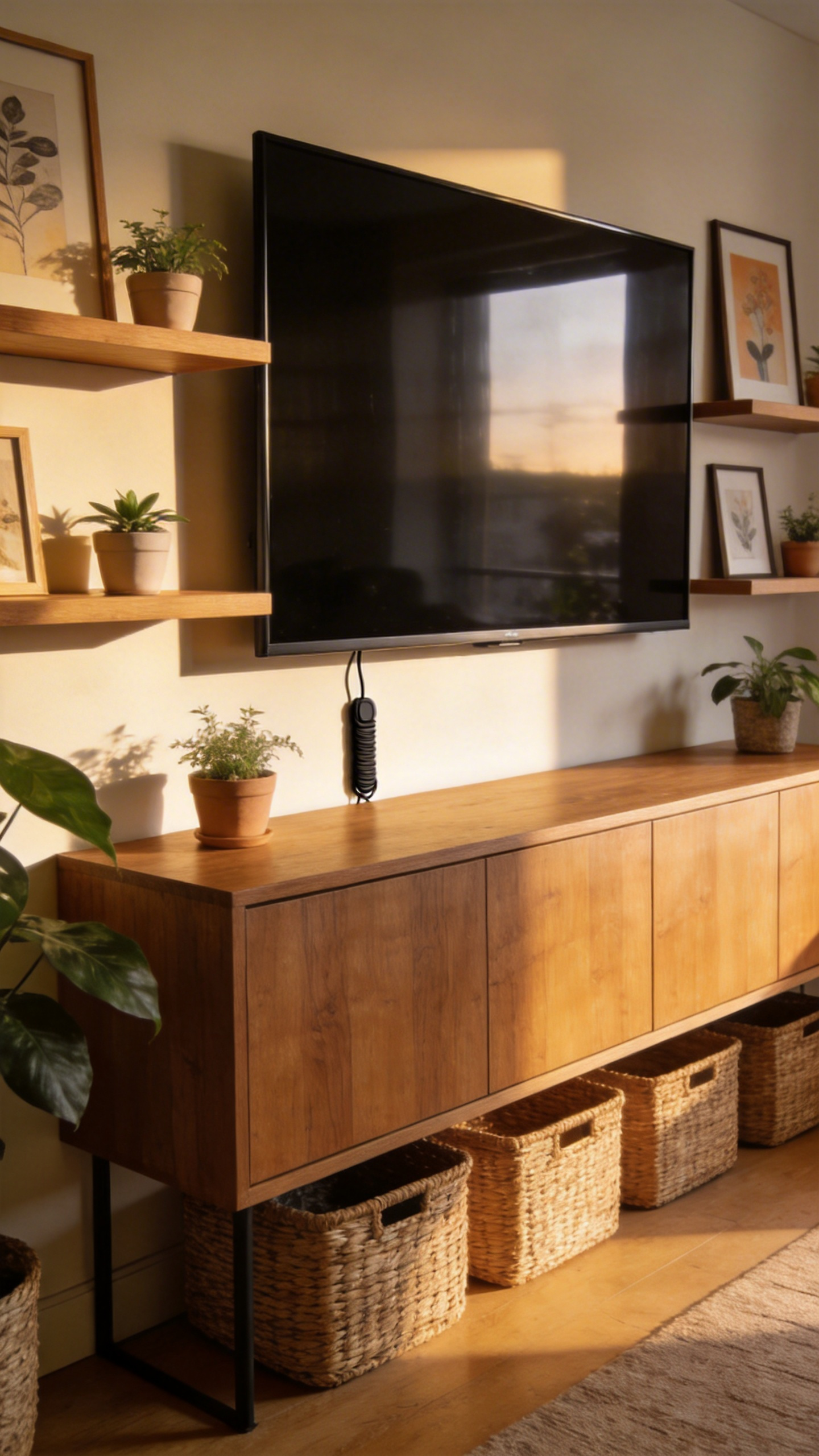 Grouping the TV with art, shelving, and plants is the defining apartment living room decoration move for turning the most utilitarian wall in the room into a styled focal point.