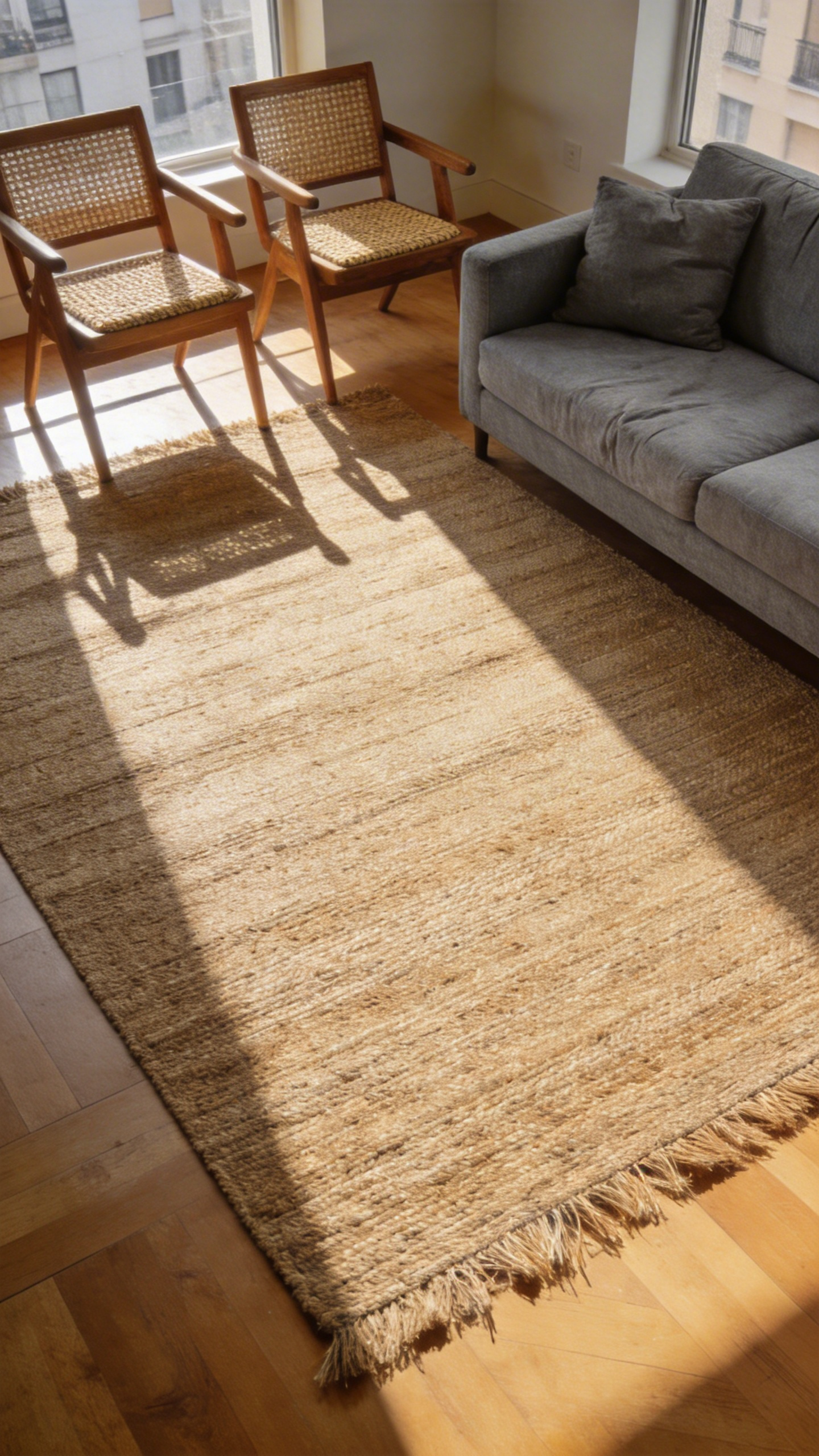 A properly-sized anchor rug is the foundation of successful apartment living room decoration — front legs of all furniture resting on the surface unifies the entire seating zone.
