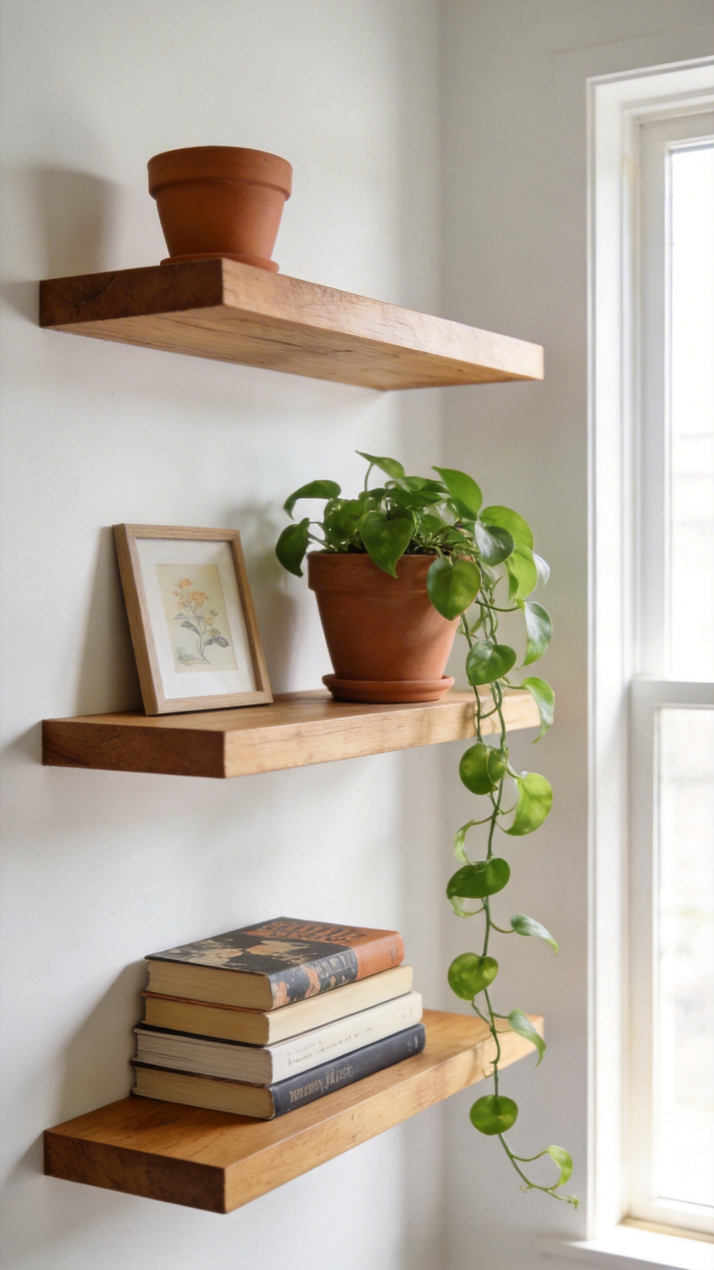 Floating shelves styled with a mix of books, plants, and objects are a core apartment living room decoration tool — they add vertical interest and decorative storage without using any floor space.