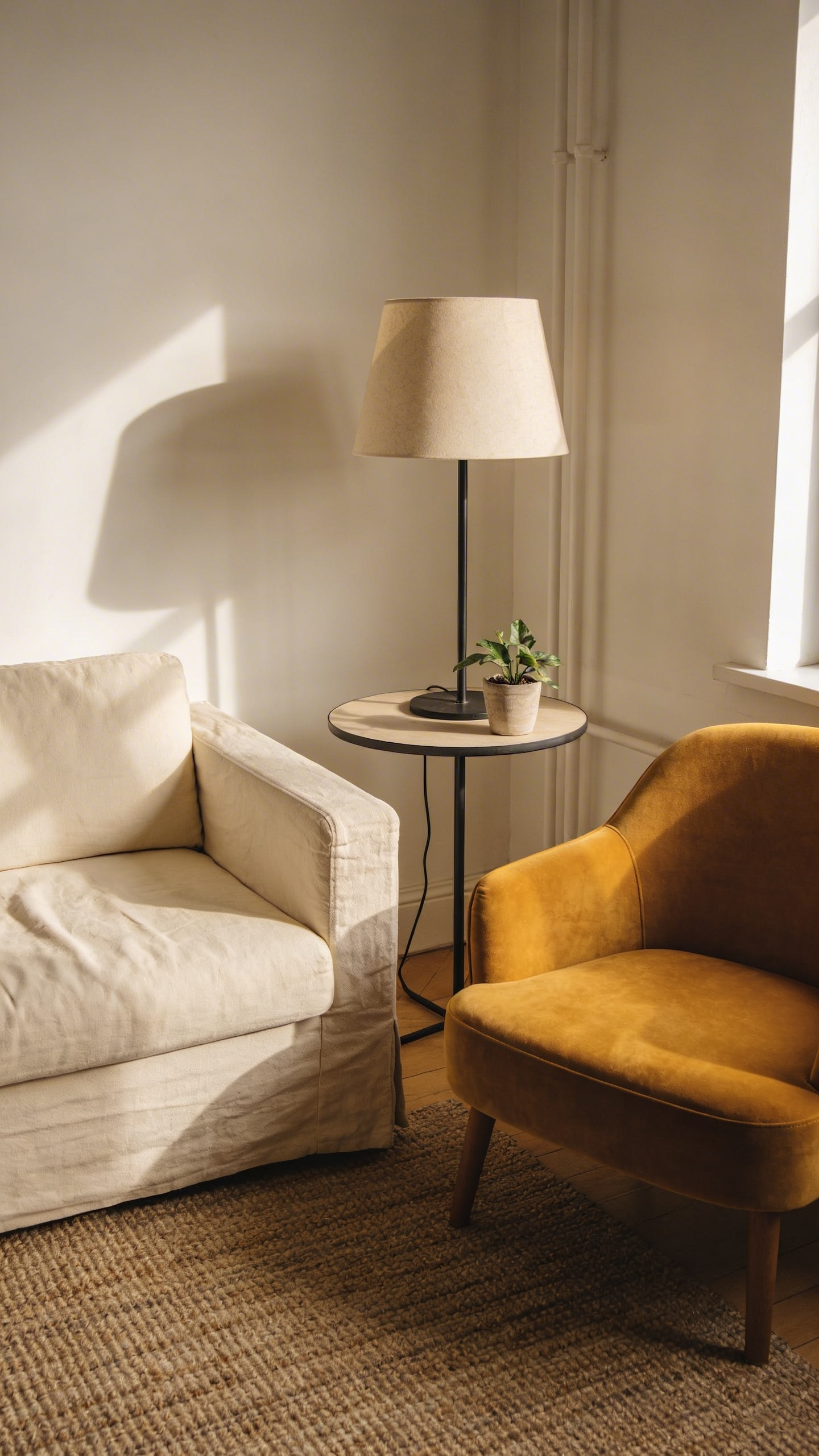 A single accent chair and a side table are the finishing moves in apartment living room decoration — they complete the seating arrangement and make the room feel fully dressed.