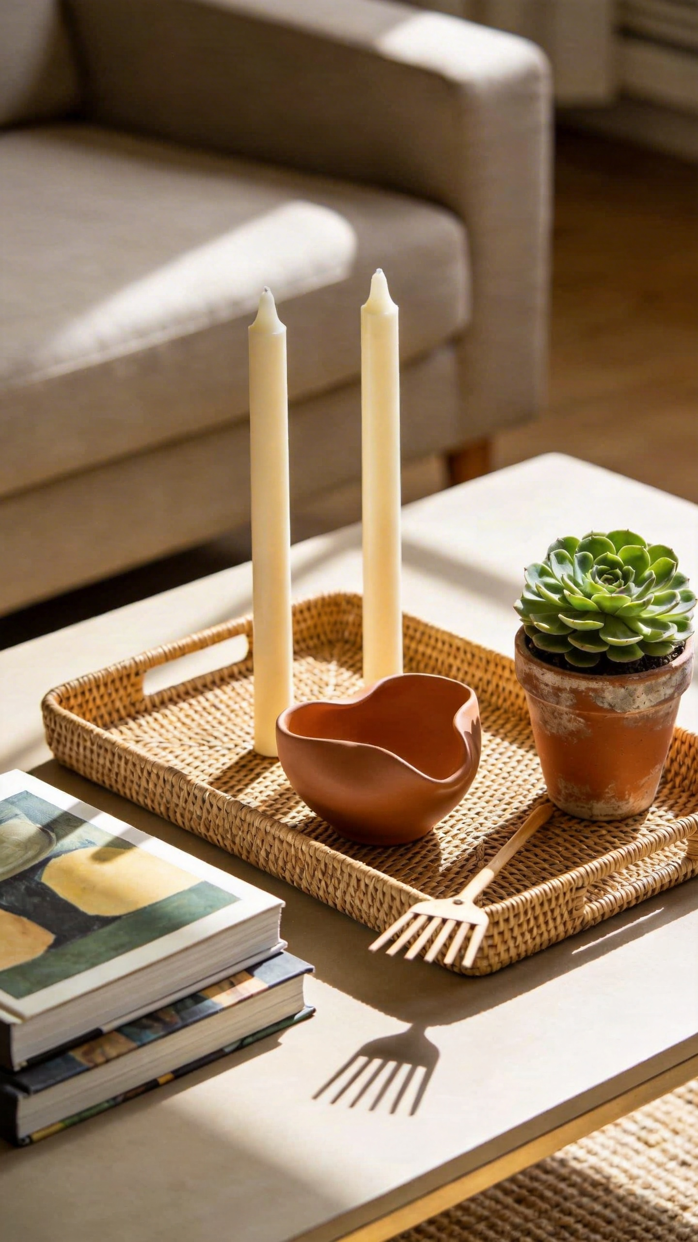 A simple composition of three elements — one tall, one low, one organic — turns any apartment living room coffee table from a utility surface into a styled centrepiece.