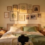 A bedroom gallery wall combining personal photography, botanical prints, and varied frames in warm afternoon light—the essence of thoughtful curation.