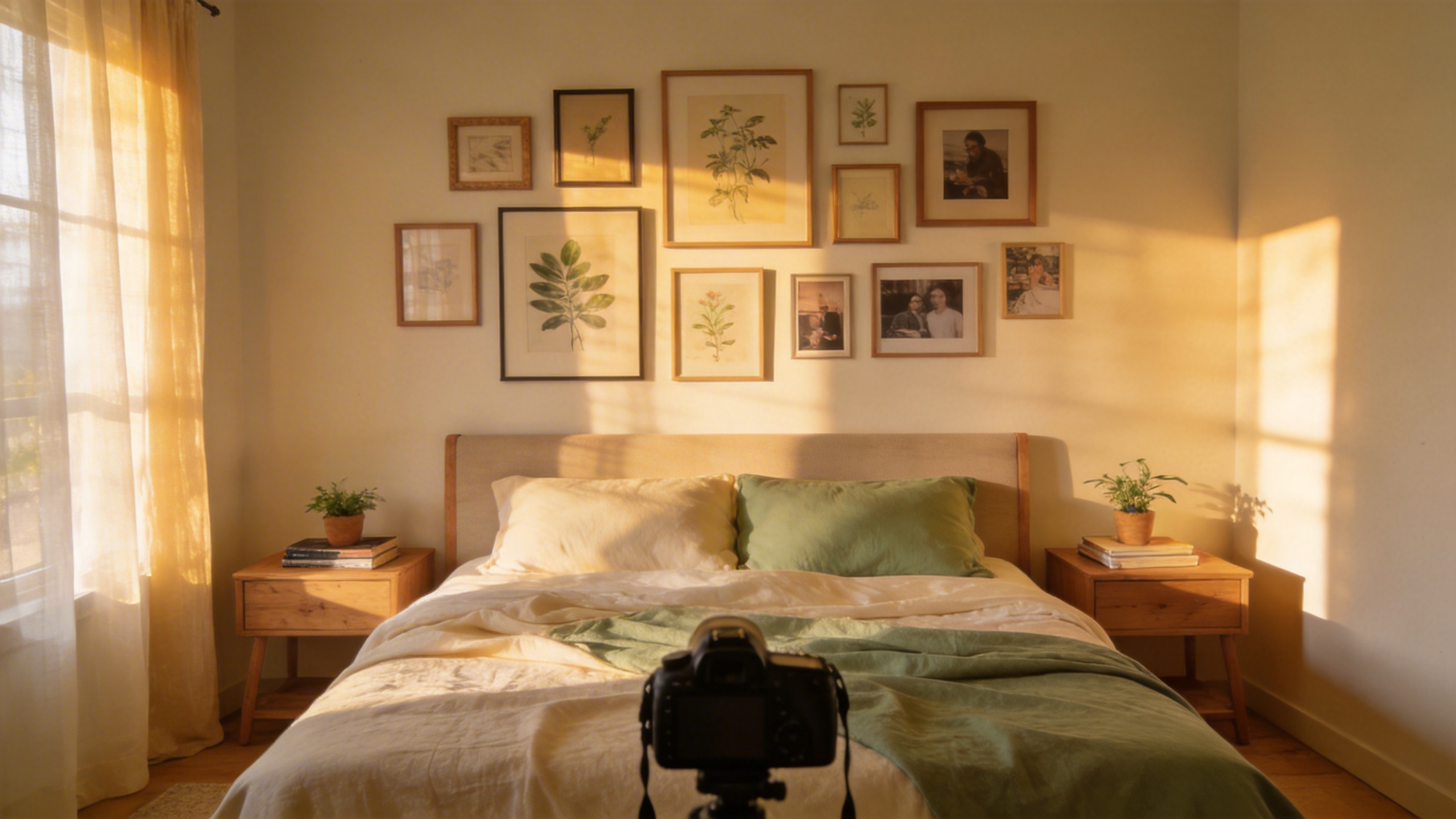 A bedroom gallery wall combining personal photography, botanical prints, and varied frames in warm afternoon light—the essence of thoughtful curation.