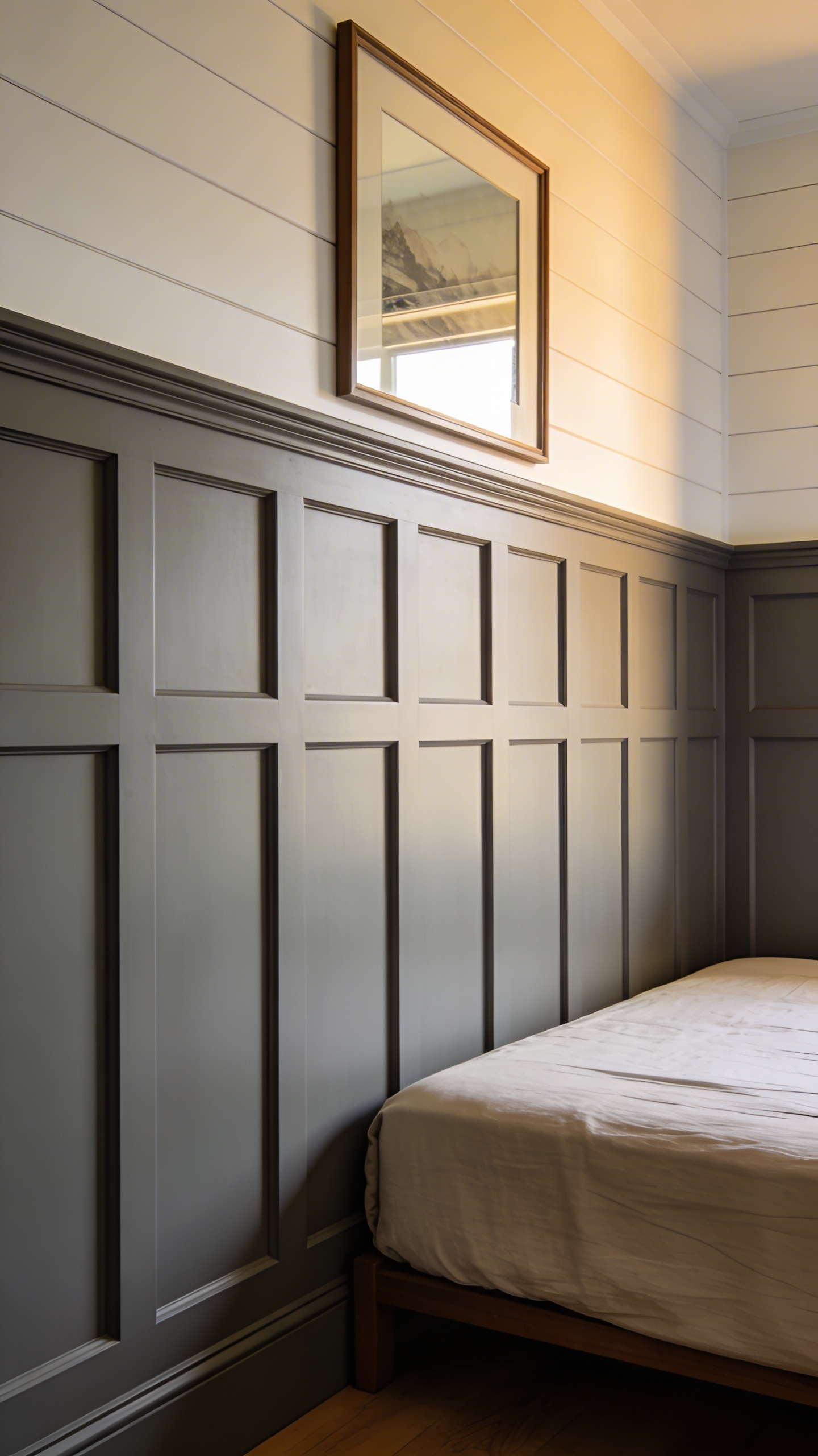 Board-and-batten wall panelling in sophisticated muted tones brings unexpected architectural quality and depth to a simple bedroom wall. MDF premade kits cost $80–$150 per 10-foot wall and make installation accessible for confident DIYers. Solid wood panels run $200–$350 per 10-foot wall but offer durability and that warmth only real wood provides. Standard batten dimensions are 3–5 inches wide with 9–12mm thickness, spaced 12–16 inches apart vertically for visual rhythm. Most bedroom paneling reaches 36–48 inches from the floor—waist to shoulder height—creating visual grounding without overwhelming the space. Going higher risks making the room feel enclosed; staying lower can feel unfinished.
