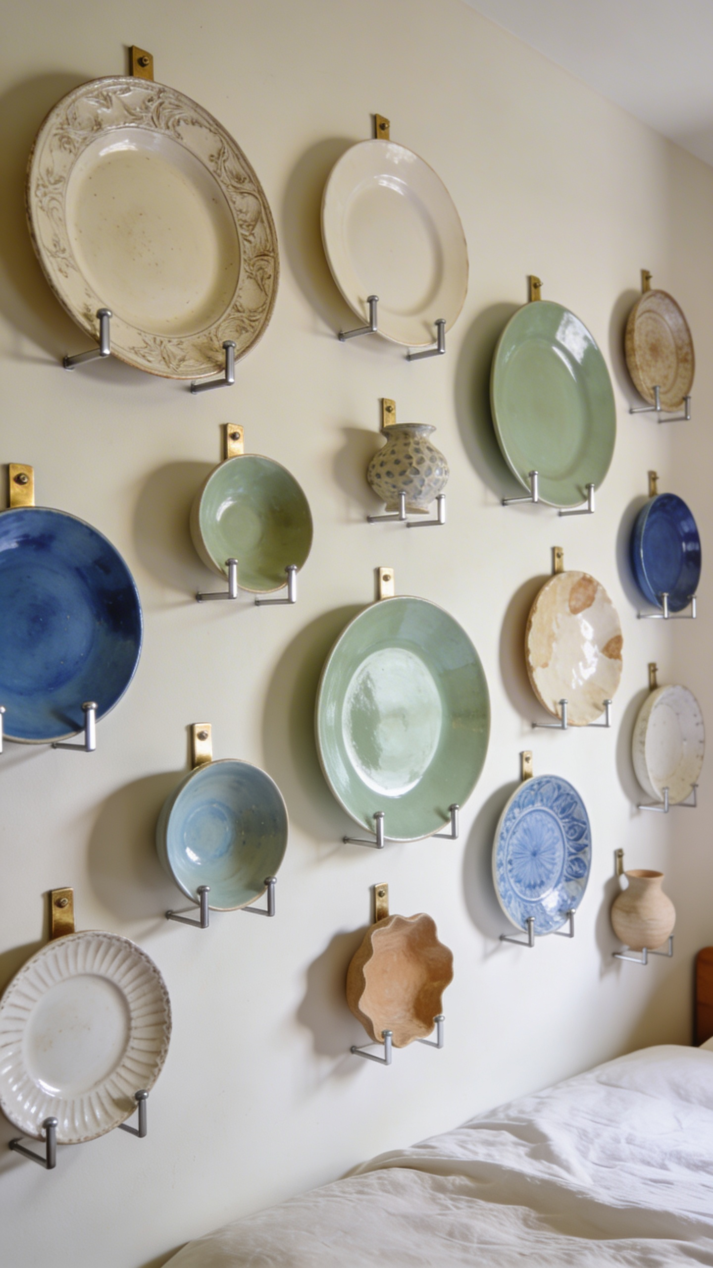 Handmade and antique plates arranged with intention—each piece with artisan story creating an eclectic yet sophisticated wall. Mix antique plates found at estate sales ($2–$15 each) with handmade ceramics from local potters and contemporary pieces from makers. This layering creates visual richness that single-source collections can't achieve. Plate hanging discs (hardware available from hardware stores and Amazon) hold plates securely without damage. Arrange in visually balanced ways: vary sizes and heights, group by color family, or mix complementary pieces that share a visual thesis rather than a matched set. Each arrangement tells a story.