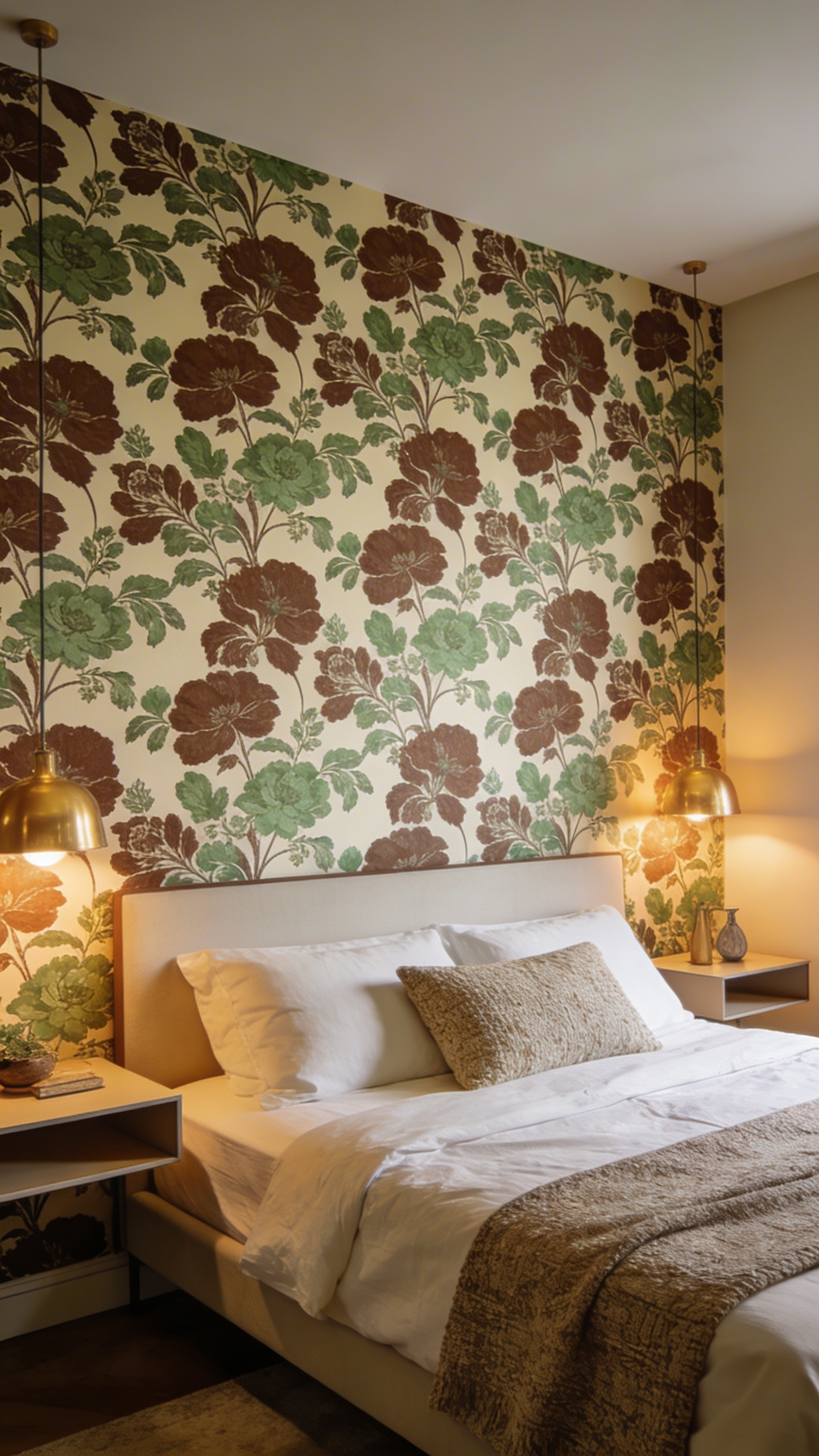 A statement botanical wallpaper accent wall in warm earth tones creates an instant focal point—bold enough to declare style, gentle enough to promote rest. Peel-and-stick wallpaper has transformed what's possible for renters and commitment-phobes. Tempaper & Co., Chasing Paper, and WallPops have elevated temporary bedroom wall decor wallpaper from novelty to genuinely beautiful. Tempaper offers 50+ designer-sensibility patterns ($30–$80 per roll), working directly with emerging designers to create exclusive collections. WallPops keeps things budget-friendly at $20–$40 per roll for playful, fun designs. Chasing Paper ($30–$60 per roll) brings eco-conscious focus to peel-and-stick options. Installation is beginner-level: clean the wall meticulously, apply from center outward, smooth out air bubbles with a squeegee, and the wallpaper removes without residue when you're ready to change things.