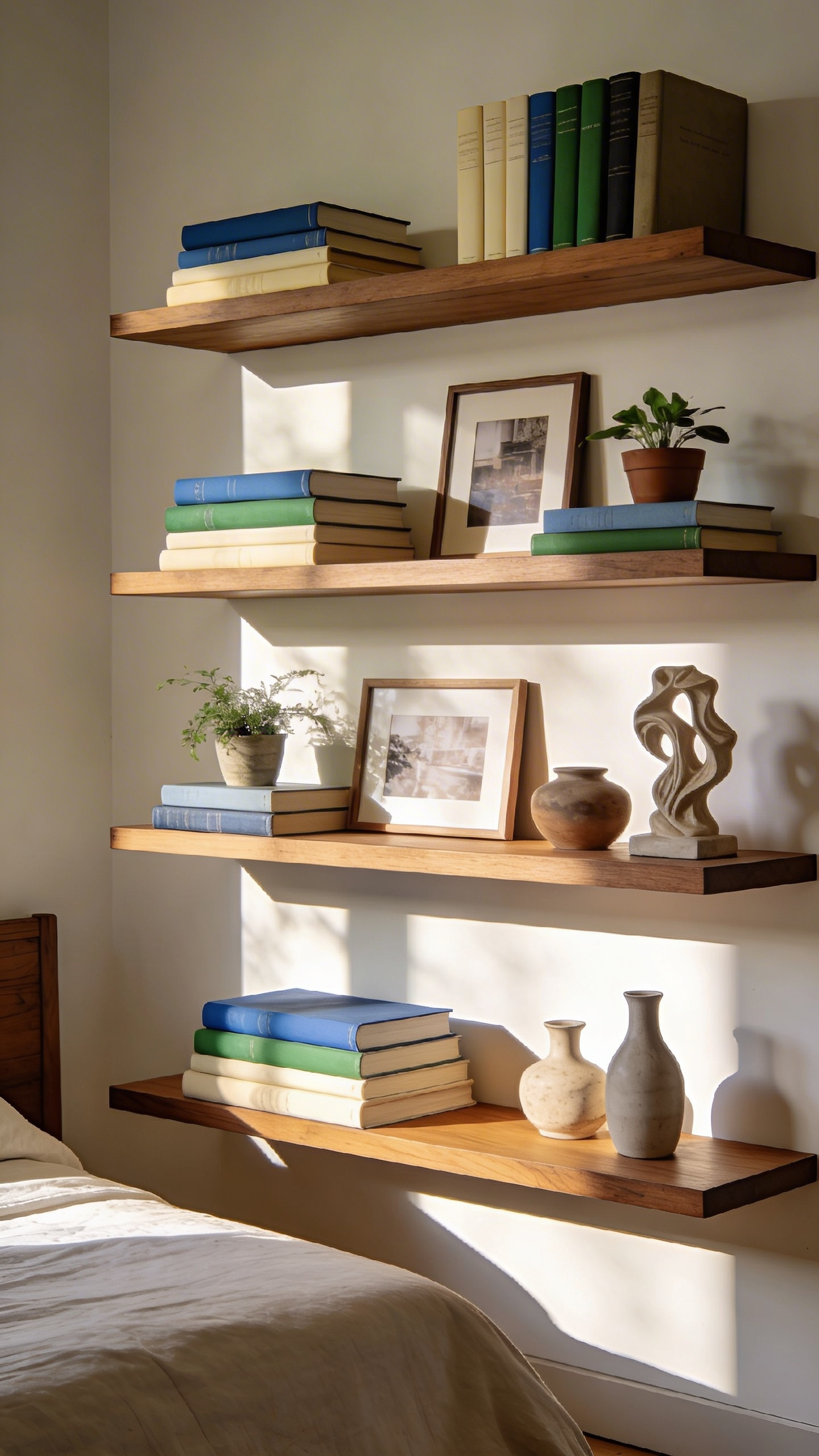 Floating shelves become mini galleries when styled with intention—books, plants, framed photos, and objects creating visual rhythm and personality. IKEA LACK shelves remain the most accessible option at $20–$60 each. Their 18–44-pound weight capacity depends on your wall type: drywall with studs supports up to 44 lbs, while plasterboard limits to 18 lbs. Solid wood floating shelves from specialty makers run $60–$200 each and offer a premium feel with higher capacity and durability. Box shelves and corner configurations add architectural interest without taking up valuable floor space. Shallow 8–10 inch depths work beautifully for narrow bedroom walls while still allowing meaningful display depth.