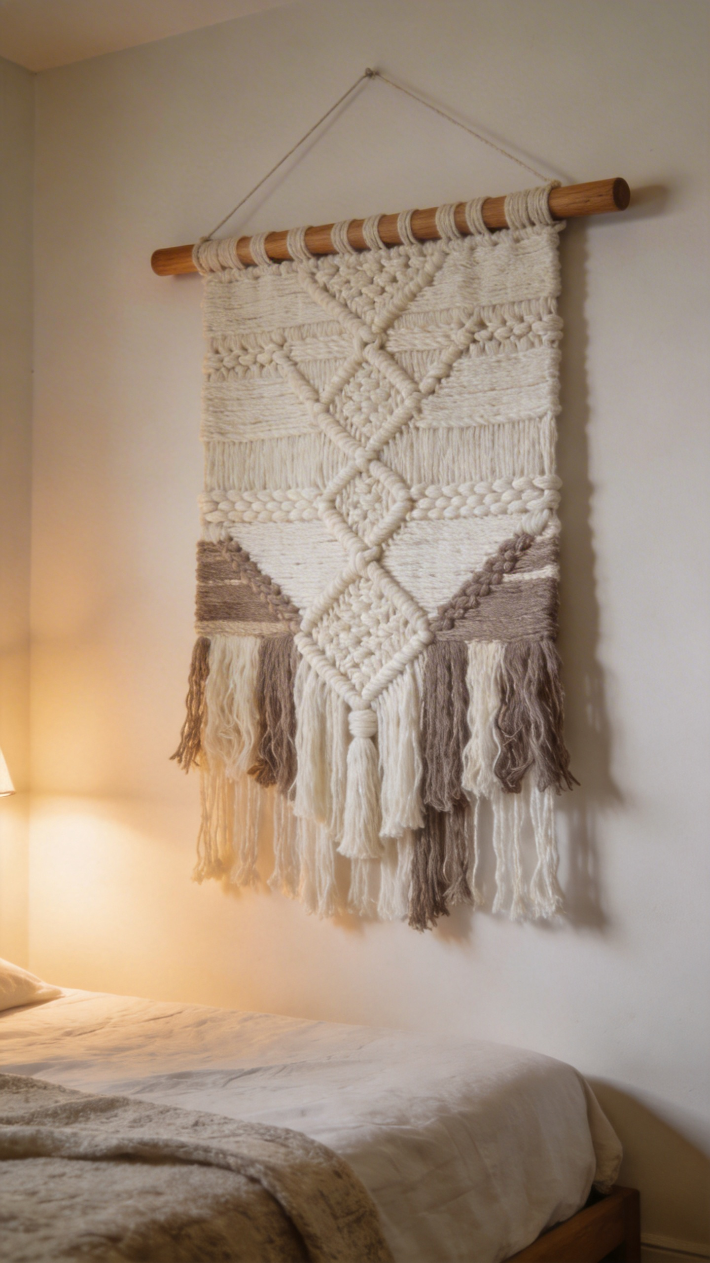 A woven textile wall hanging brings tactile warmth and subtle sound-absorbing qualities—texture that flat art simply cannot deliver. Etsy offers thousands of makers creating woven pieces 20–72 inches wide at $50–$150 for quality handmade work. MACRO MACRAMÉ specializes in custom large-scale fiber art ($200–$600+ for statement pieces) in linen, wool, and sisal. Local fiber artists at craft fairs offer unique designs and custom sizing, often at similar price points. Material quality matters profoundly: 100% natural fiber (cotton, linen, wool) ages beautifully. By contrast, synthetic blends wear quickly and look cheap within months.