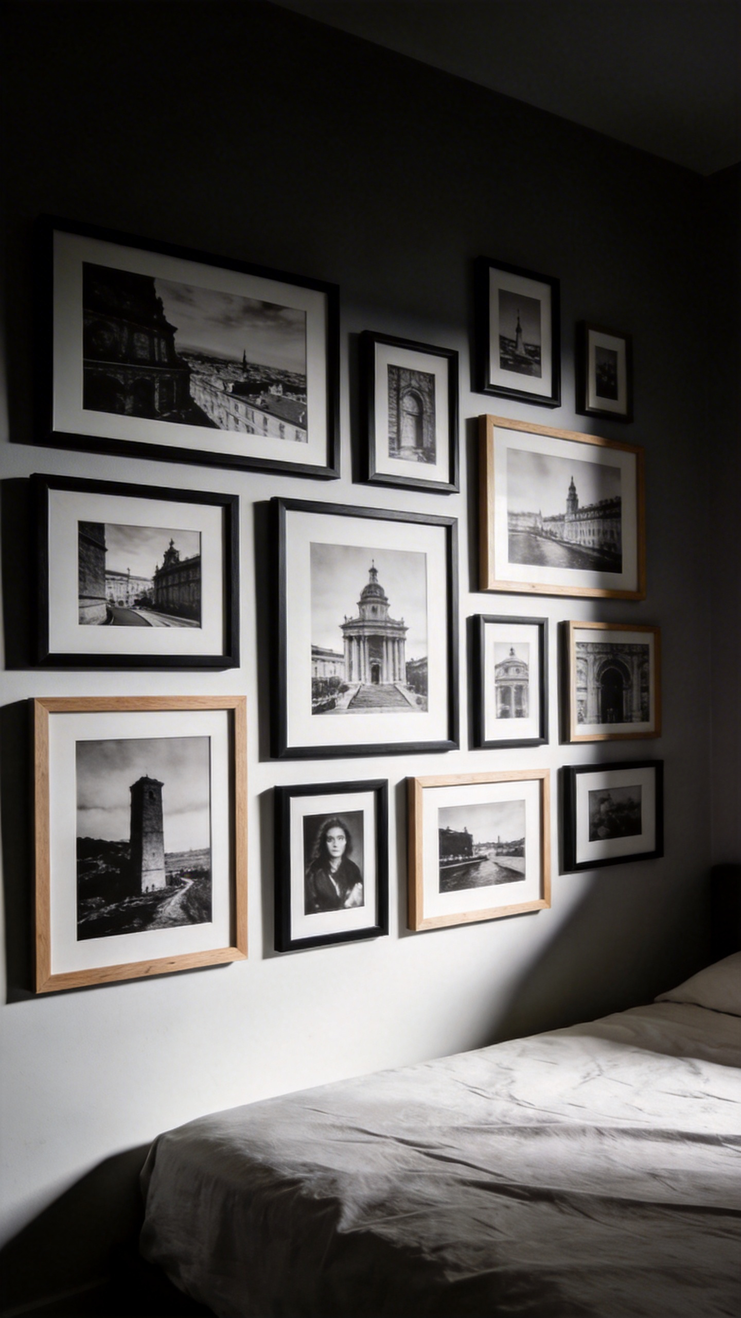 An all-monochrome photo wall creates cinematic mood and editorial sophistication—unifying disparate images into cohesive visual story. Convert your color photography to black and white to unify disparate images into cohesive display. Framebridge and Artifact Uprising offer batch conversion tools. Mix photograph sizes and orientations—vertical, horizontal, square—for dynamic visual rhythm. Also, the variety prevents the wall from feeling static or corporate. This variation is essential for keeping a monochrome wall from feeling like a contact sheet.