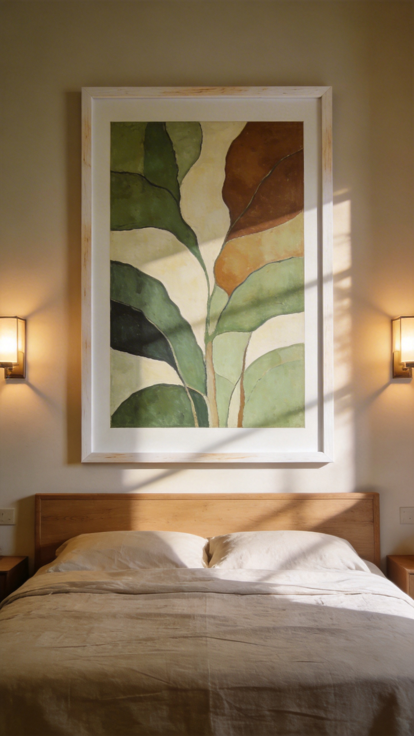 A single oversized artwork creates visual authority and calm—one powerful statement replacing the need for multiple pieces. The sizing rule is simple but transformative: artwork should span approximately two-thirds of your headboard width. A 24x36-inch print works beautifully for reading nooks and medium bedroom walls above a queen headboard, providing presence without overwhelming. Jump to 30x40 inches for larger bedrooms (creating visual balance with your furniture scale), or 40x50 inches and beyond for master suites and feature walls. Center the work at 57–60 inches from the floor (eye level) with 6–8 inches clearance above furniture. Going too high creates distance; too low can feel cramped. The difference is significant.