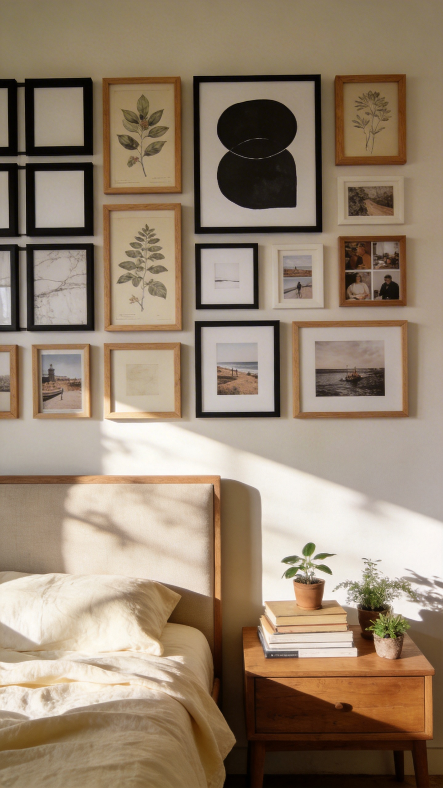 A curated gallery wall above the bed combines varied frame finishes with personal photographs and artistic prints—showing how intentional arrangement creates visual narrative. Begin with spacing. Modern bedroom galleries work best with consistent spacing—1.5 to 2 inches apart for an uncluttered look, or up to 3 inches if you want breathing room. Grid layouts (think 2x2 or 3x3 identical frames) feel modern and deliberate, perfect for minimalist bedrooms where order reads as calm. In contrast, salon-style arrangements—dense, floor-to-ceiling, seemingly random but balanced—are more forgiving and work beautifully in bohemian spaces where visual abundance feels intentional. Most often, the most popular approach for bedrooms is a symmetrical arrangement above the headboard, which feels grounded and intentional. Critical detail: don't hang too high. The center of your pieces should land around eye level—approximately 57 to 60 inches from the floor.