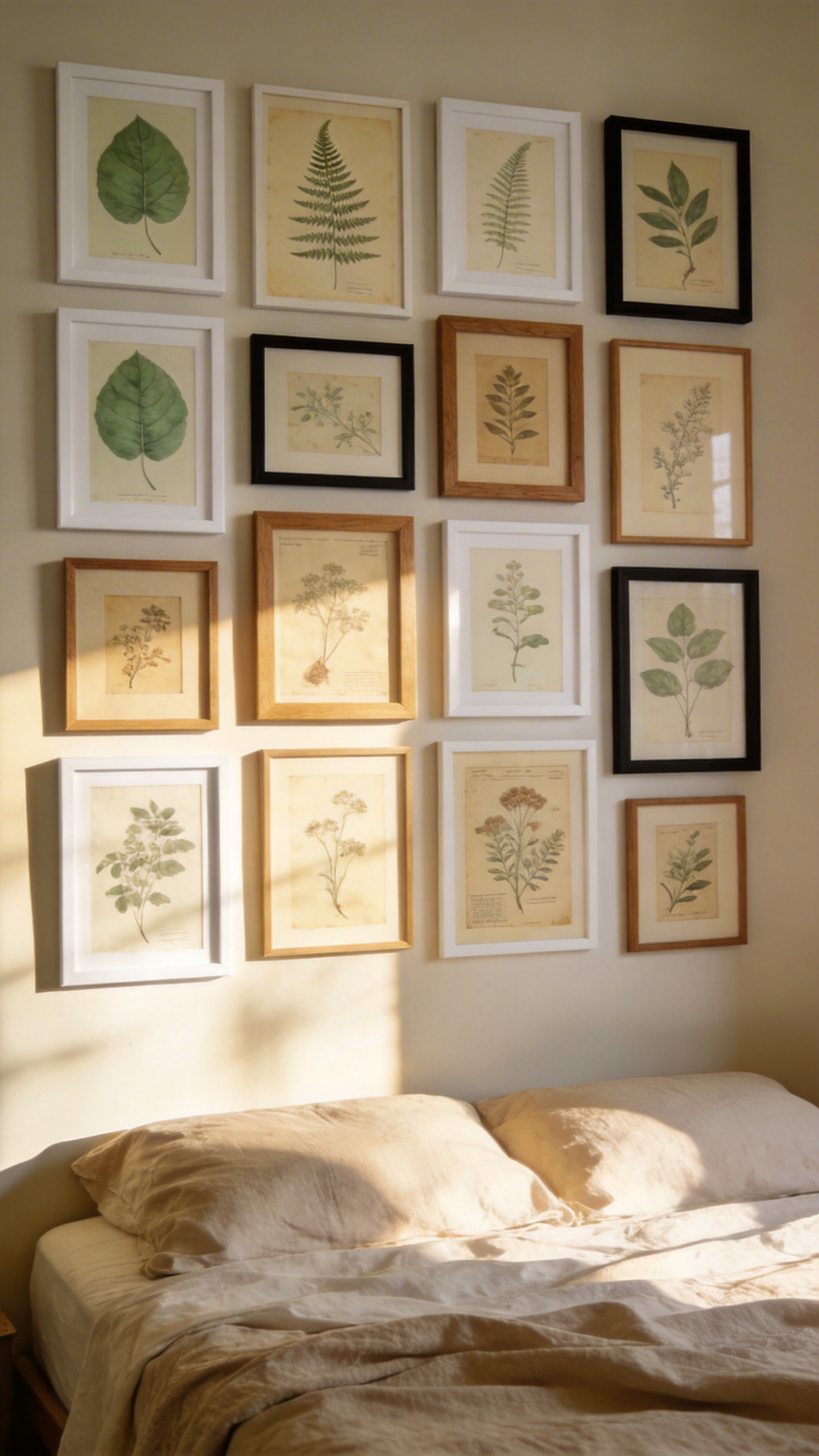 A cohesive botanical print collection in matching frames creates a calming visual garden—where science meets art in your bedroom. Match the density of botanical prints to your bedroom's scale. Small bedrooms work better with fewer, larger prints; spacious rooms can handle gallery-style botanical arrangements. Vintage botanical illustrations offer historical character—Dover Publications and public domain resources provide affordable options. Contemporary botanical print artists bring fresh perspectives; both print types work beautifully together. Muted greens, warm whites, and soft earth tones create the palette that promotes calm. Avoid botanical prints in bright colors or high-contrast combinations; the goal is visual rest, not visual excitement. This restraint is essential.