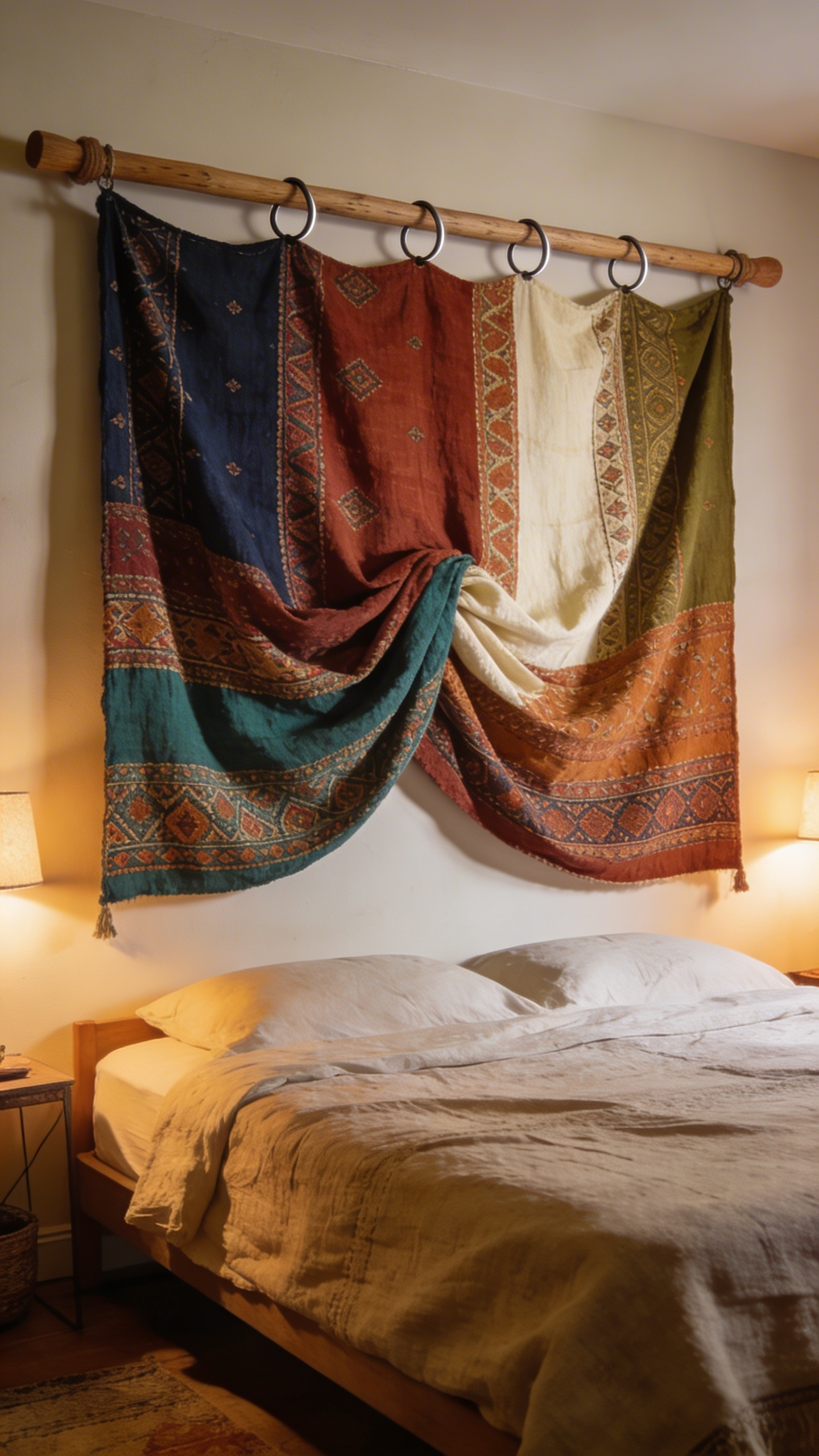 A large bohemian tapestry becomes the complete bedroom statement—no competing wall elements, allowing the textile full visual presence. Society6, Urban Outfitters, and Etsy offer tapestries in Indian block-print, Persian-inspired, and contemporary designs. Sizes range from modest accents to full wall statements (48–72 inches). Hanging methods matter considerably: use a dowel rod (easiest for removal), curtain rod with rings, or upholstery staples for permanent installations. The rod method allows rotation or repositioning without wall damage—valuable if you change aesthetics seasonally. This flexibility is why renters often prefer the dowel approach.