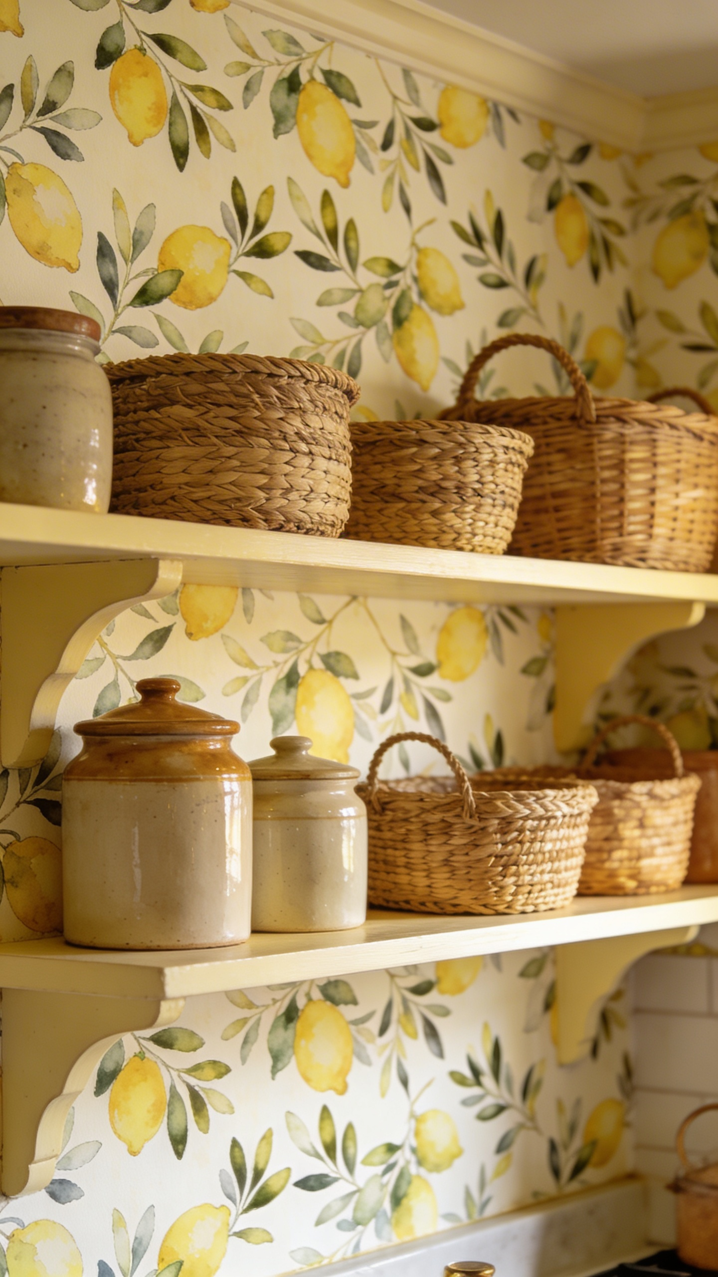 Illustrated lemon and herb wallpaper in a contained pantry alcove has all the personality of a culinary theme without the commitment — and the restraint is what keeps it looking designed rather than decorated.