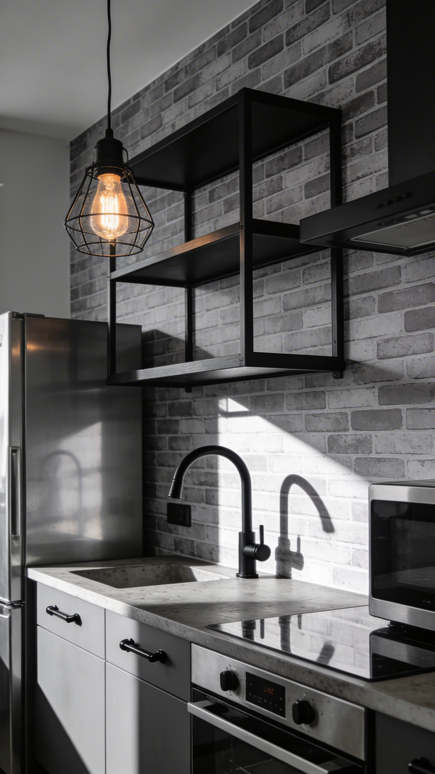 Grey brick-effect wallpaper sets the industrial tone without any of the maintenance real masonry would demand — and matte black fittings throughout keep every visual element in the same honest, unfinished register.