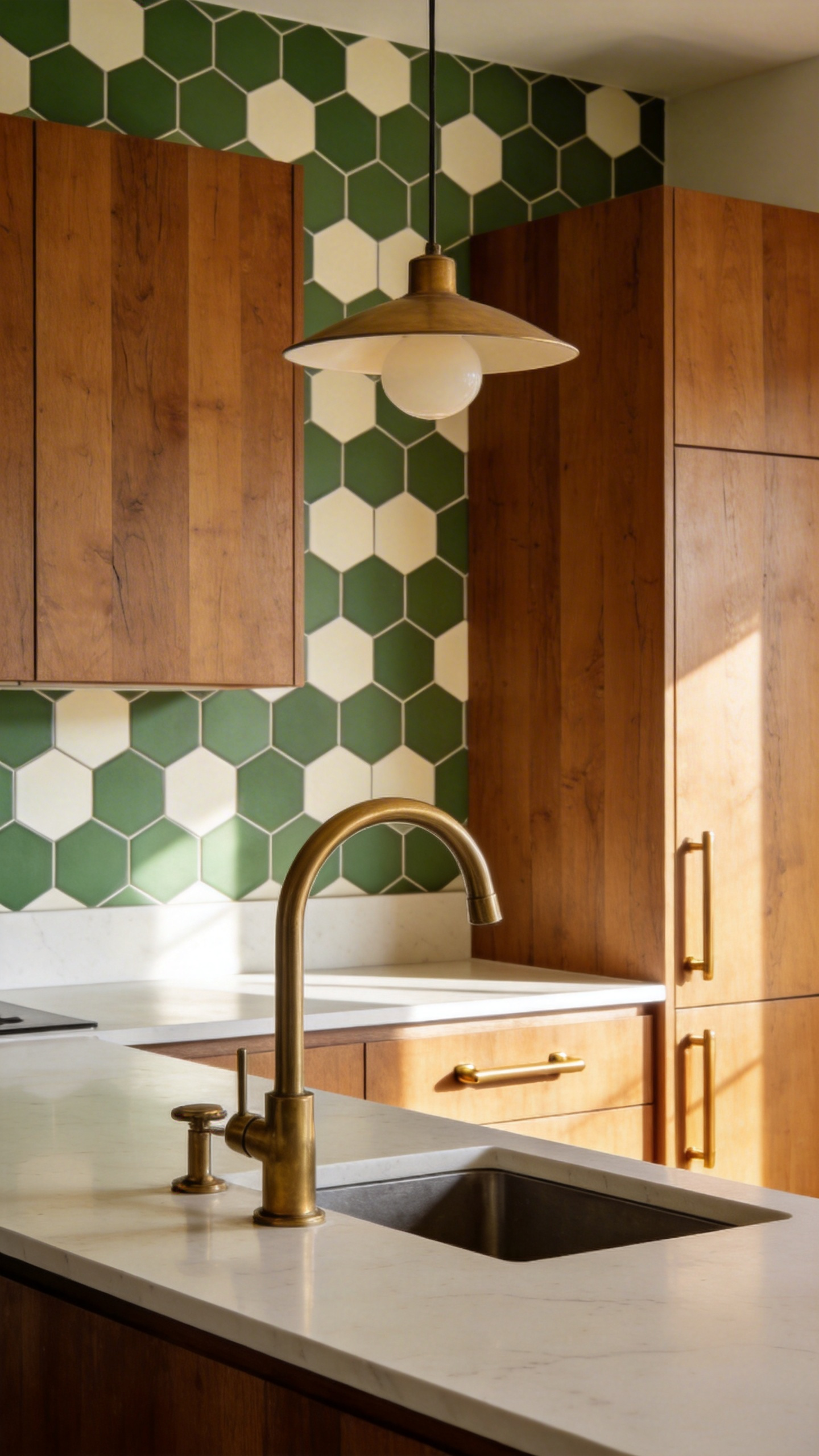 Hexagon geometry brings the warmth of a natural reference — honeycomb, mineral crystal — into a modern kitchen without any of the coldness that purely linear geometric patterns can carry.