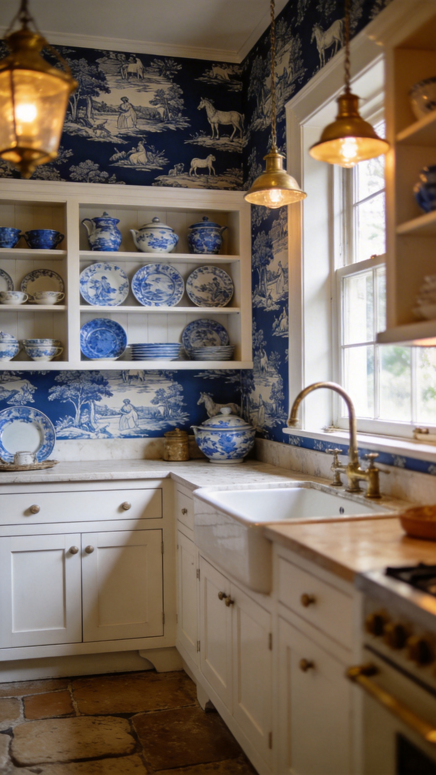 Navy toile de Jouy in a kitchen bridges French country and coastal Hamptons with real elegance — the narrative scenes in the pattern reward every lingering meal and morning coffee.