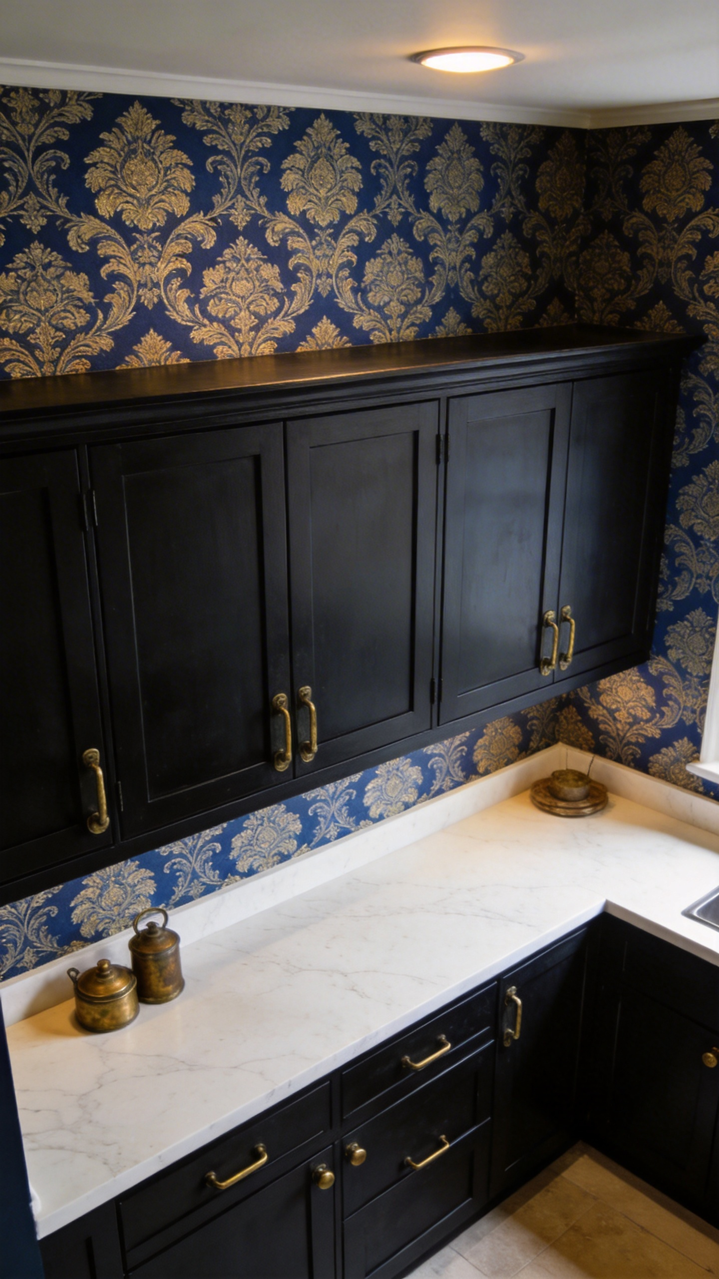 Damask on a single kitchen feature wall signals deliberate design intent — and pairing an ornate heritage print with plain flat-front cabinetry is the high-low contrast that makes both elements look more considered.