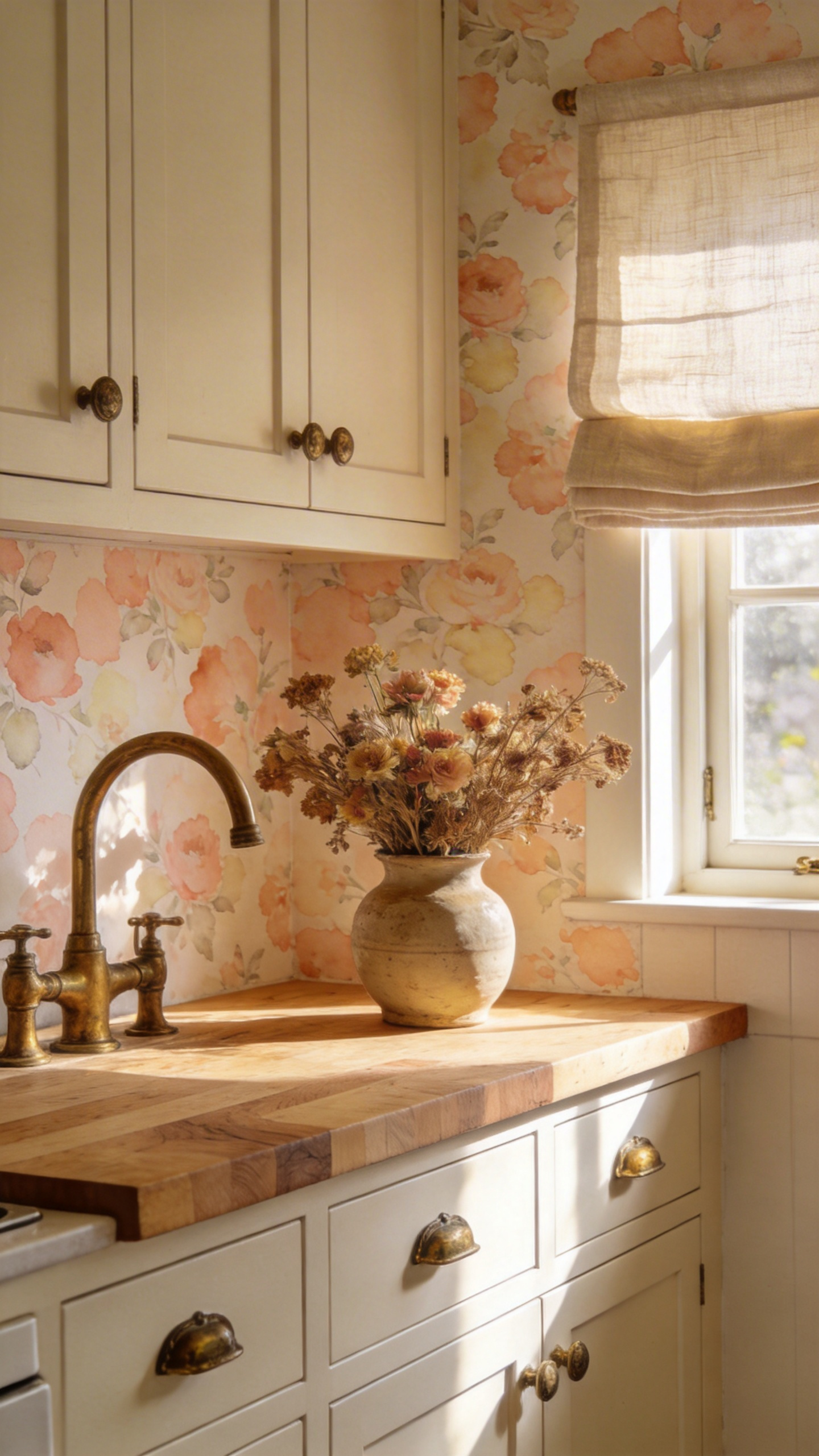 Soft watercolour florals on a cream ground make a kitchen feel inhabited and personal — particularly when aged brass hardware and matte cabinetry share the same unhurried, organic warmth.