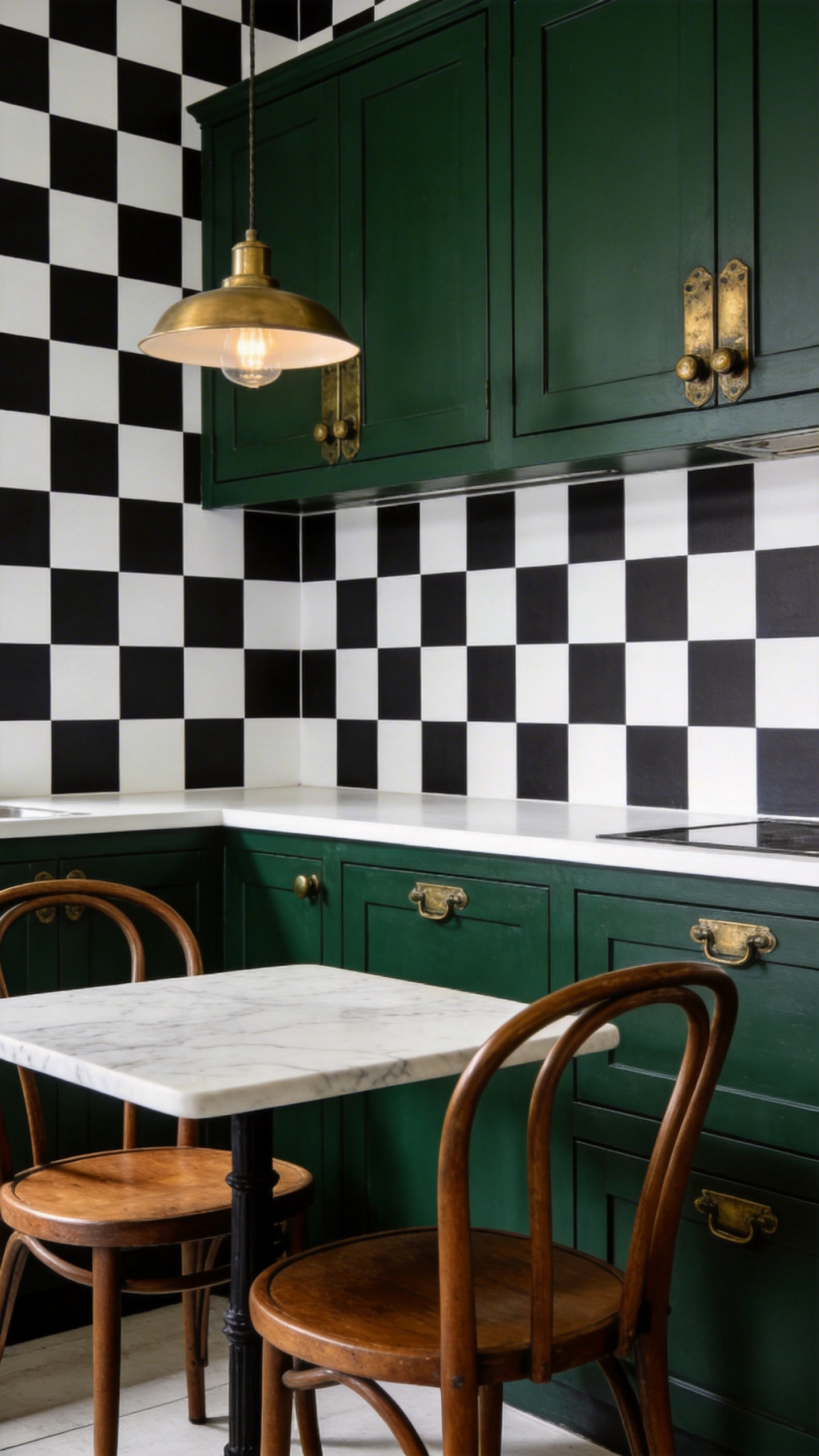 A 4-inch check in black and white hits the sweet spot between bistro playfulness and genuine graphic design — and forest green cabinetry gives it exactly the grounding it needs.