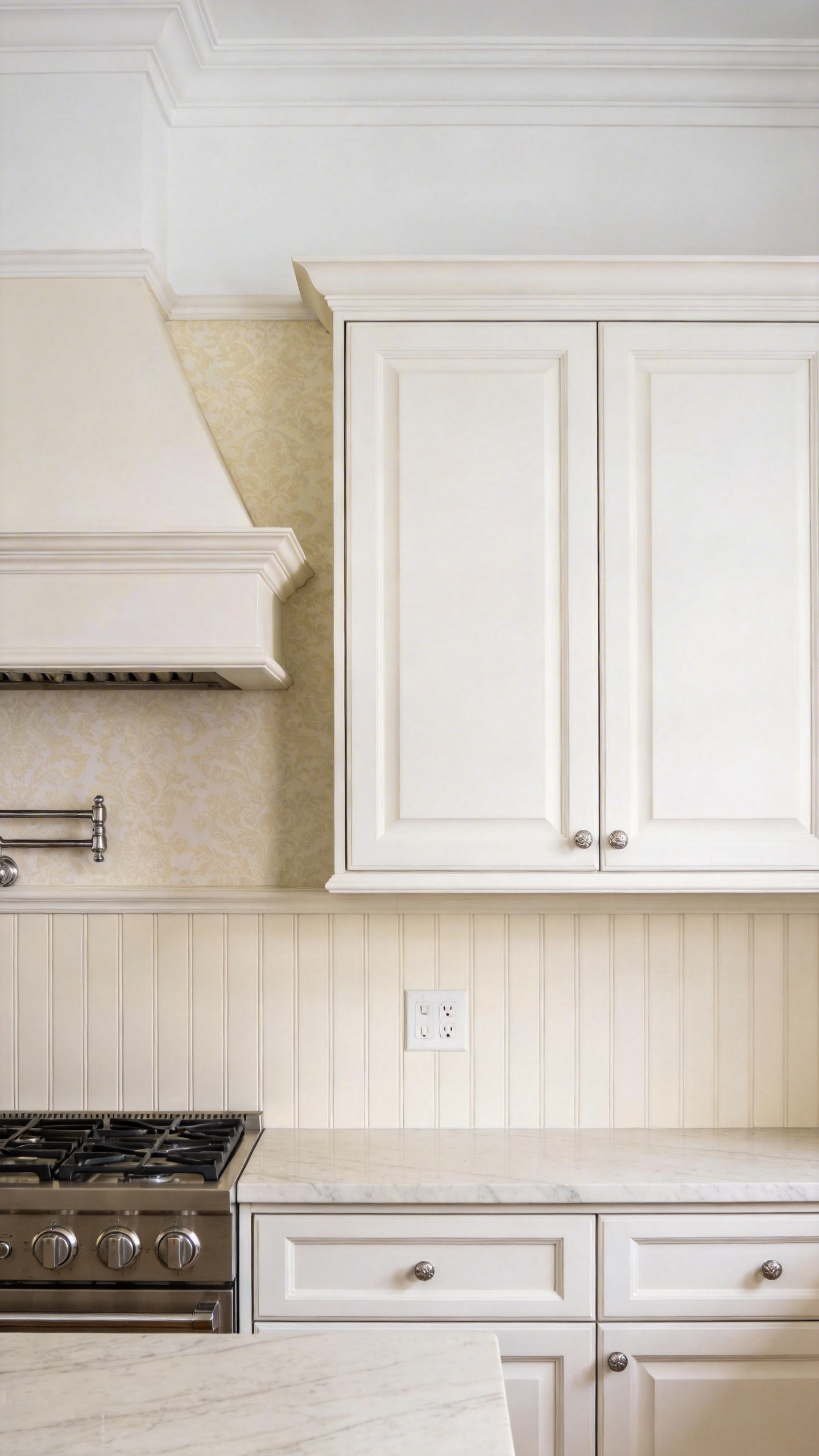 Panel-effect wallpaper hung at the correct dado height adds immediate architectural credibility to a plain-walled kitchen — no carpentry required, and no budget that would justify it either.