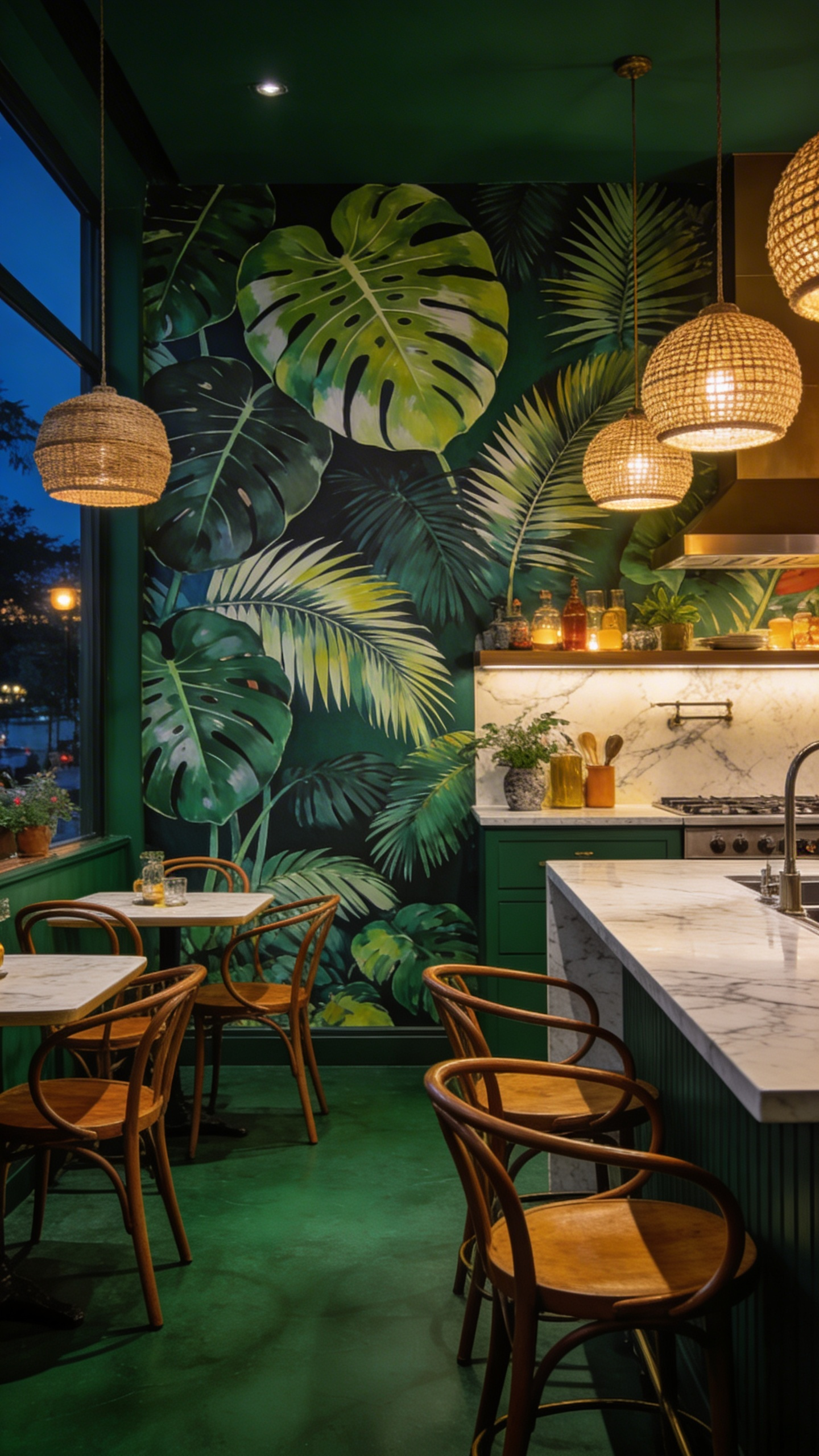 Large monstera leaves on a deep forest green ground create an atmosphere reminiscent of a great brasserie — rich, confident, and entirely committed to the idea that a kitchen should be a pleasure to be in.