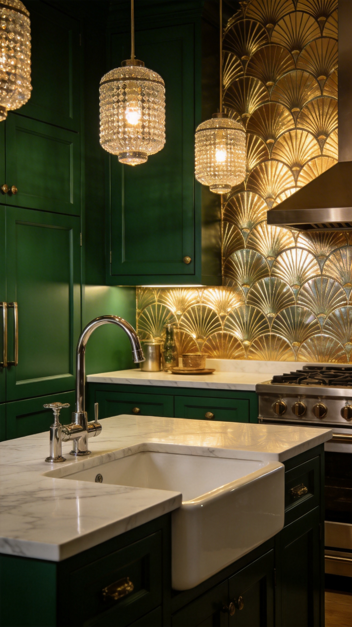 One Art Deco metallic feature wall — held in check by deep emerald cabinetry and white marble — is all the glamour a kitchen needs, and considerably more than most kitchens expect of themselves.