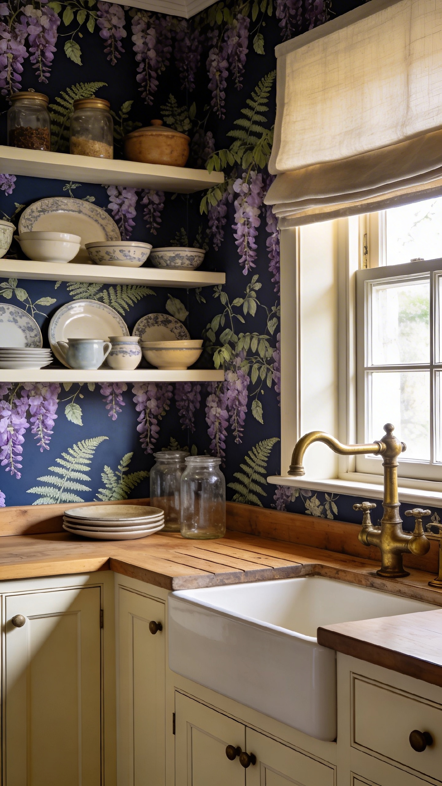 Vintage botanical wallpaper on a navy ground transforms this kitchen into a space that feels collected and deeply considered — proof that the right pattern makes cabinetry look even more intentional.