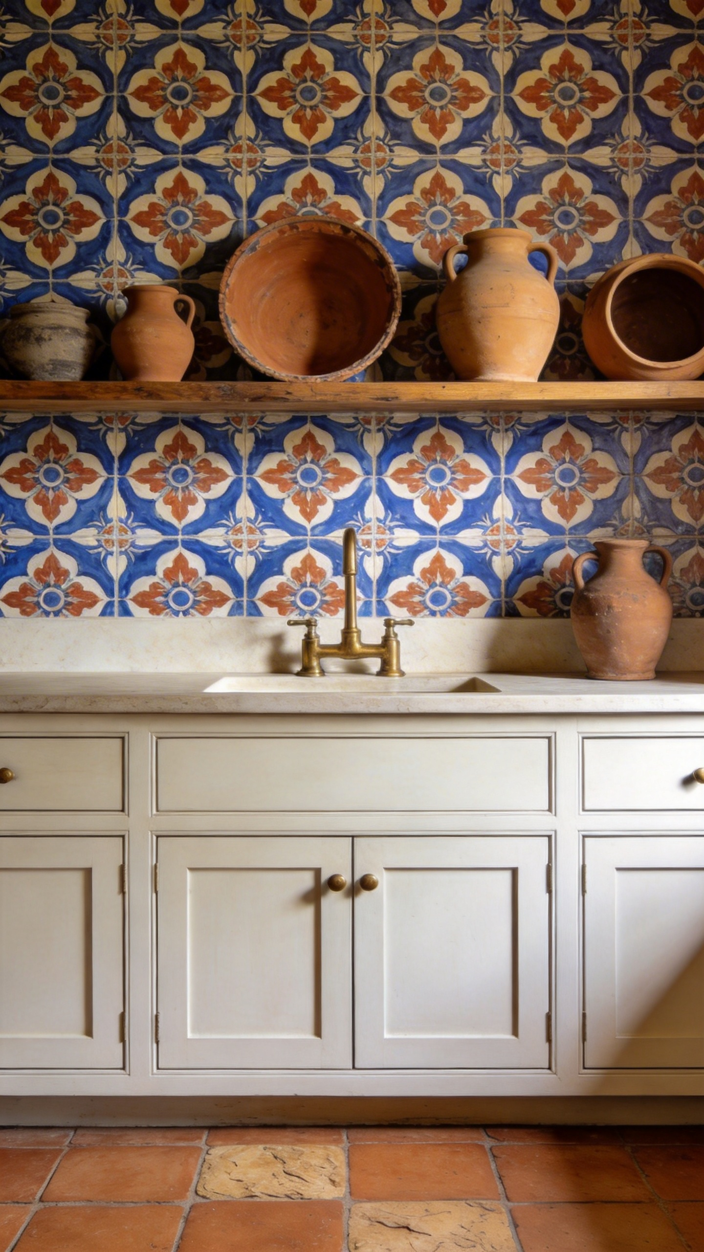 Moroccan tile motif wallpaper delivers the geometry and pigment depth of genuine encaustic tile at a fraction of the material and installation cost — and the matte finish is what makes the illusion hold.