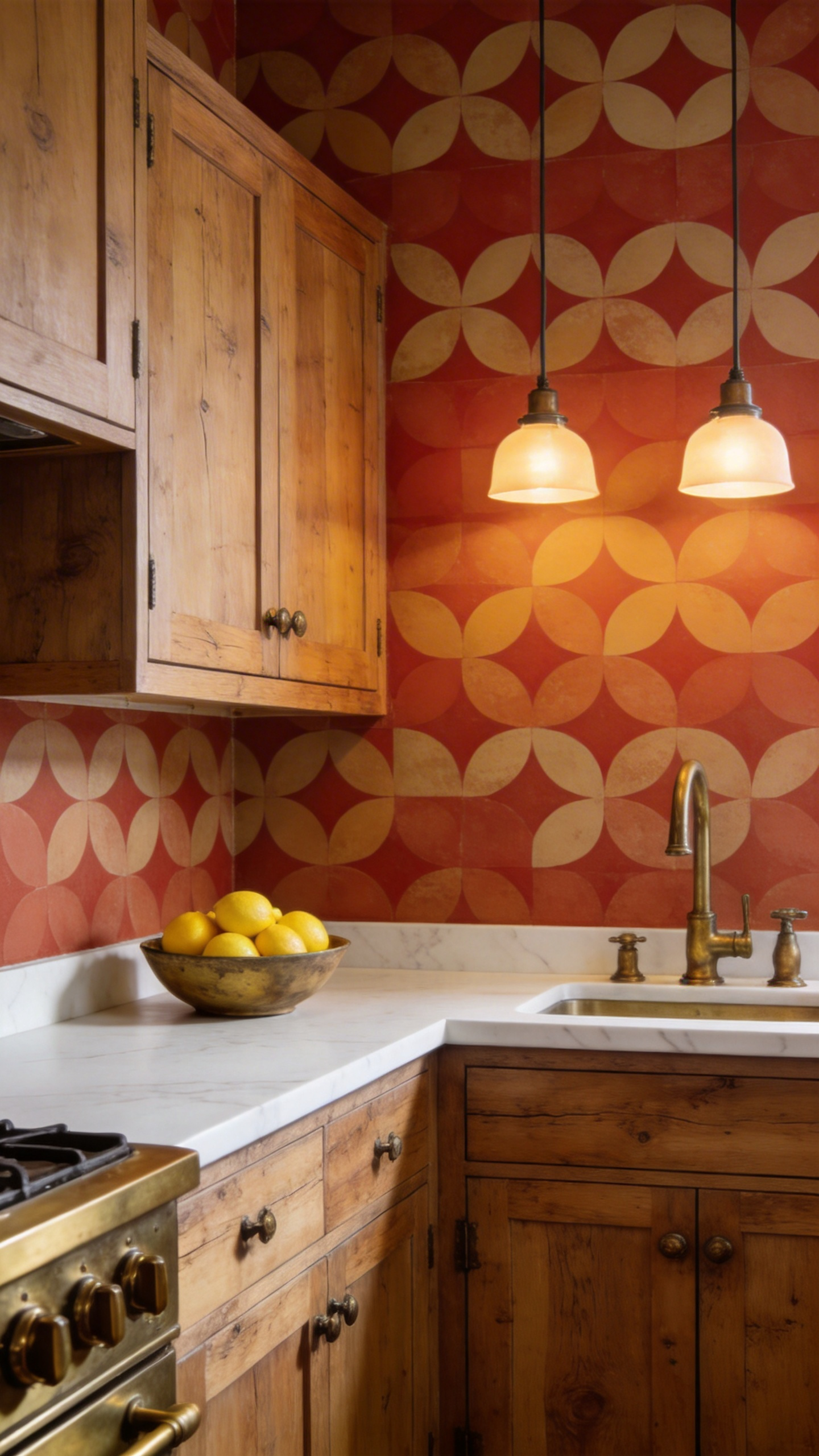 Terracotta geometric wallpaper sets the warmth and appetite associations of a well-used kitchen without a single traditional element — modern cabinetry and aged brass keep it firmly in the present.