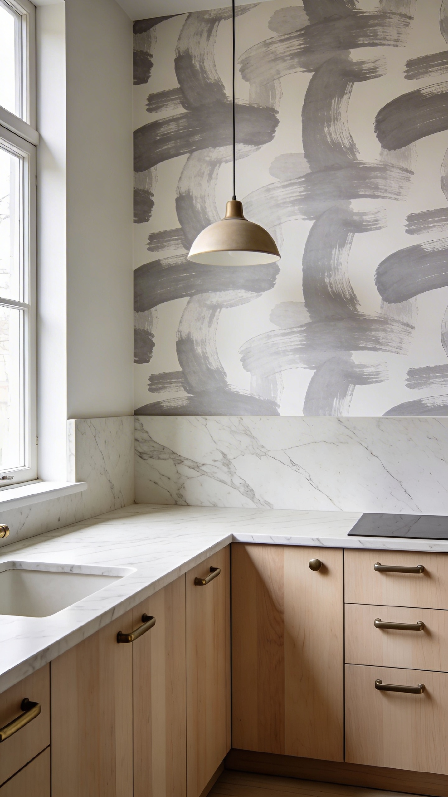 Abstract brush-mark wallpaper from a Scandi manufacturer adds warmth and texture to a minimal kitchen without introducing a single depictable element — the restraint is the whole point.