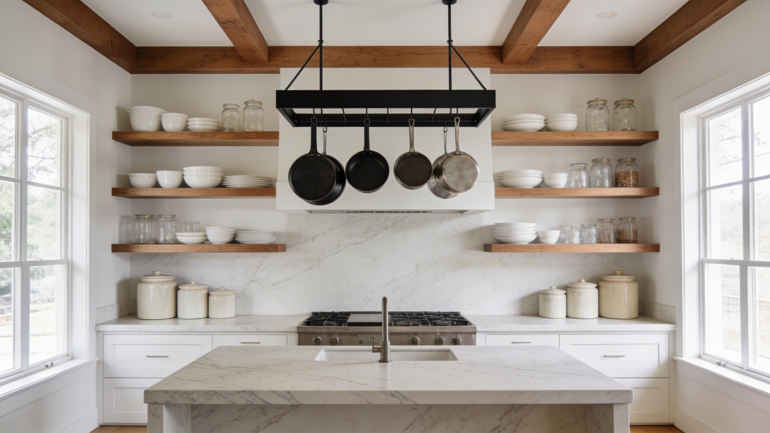 A well-organized kitchen brings together every storage solution into a cohesive whole — open shelves for daily-use items, hanging pot racks for cookware, and clear counters for actual cooking.