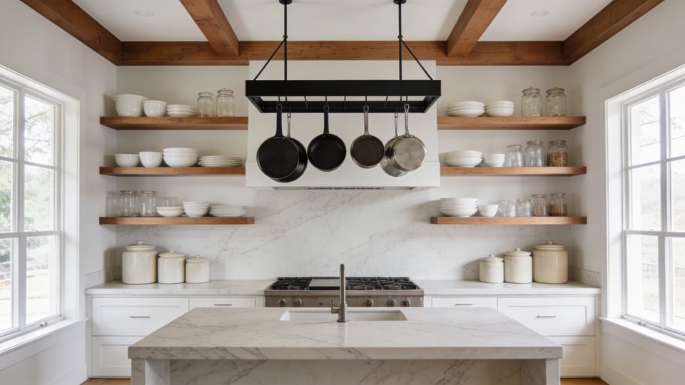 A well-organized kitchen brings together every storage solution into a cohesive whole — open shelves for daily-use items, hanging pot racks for cookware, and clear counters for actual cooking.