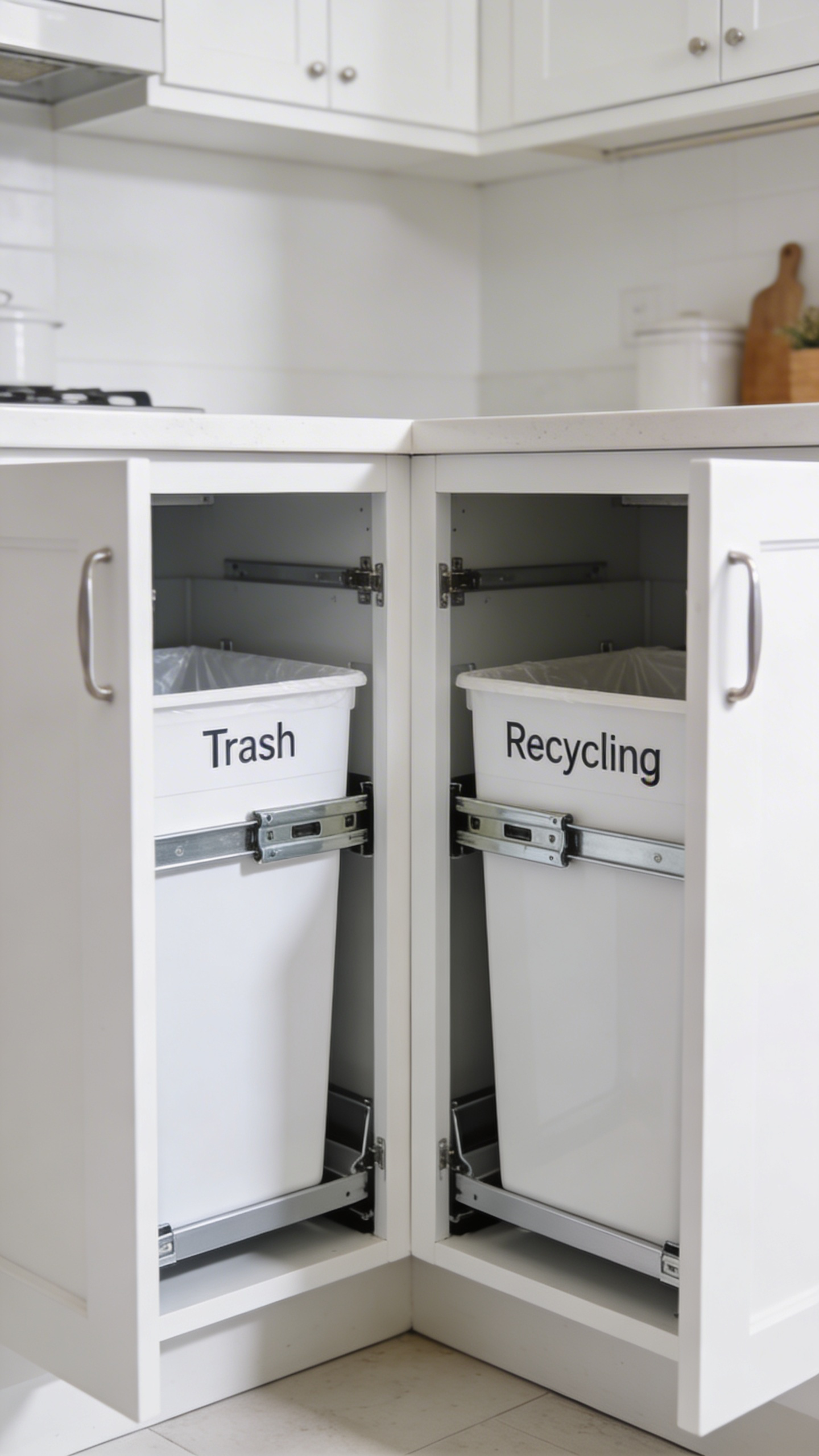 Pull-out trash and recycling bins built into a base cabinet keep the kitchen floor clear and bring disposal within arm's reach of the main prep zone.