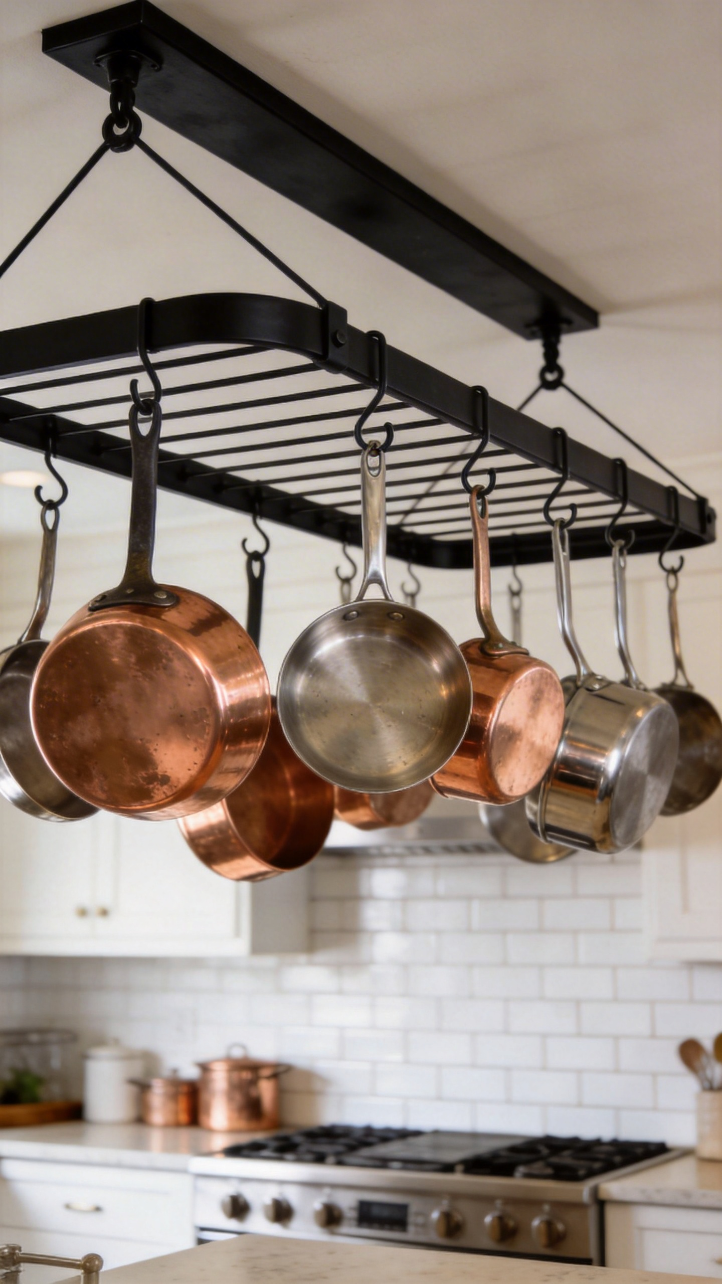 A ceiling-mounted pot rack above an island brings cookware into the work zone and frees the lower cabinets for items that genuinely need enclosed storage.