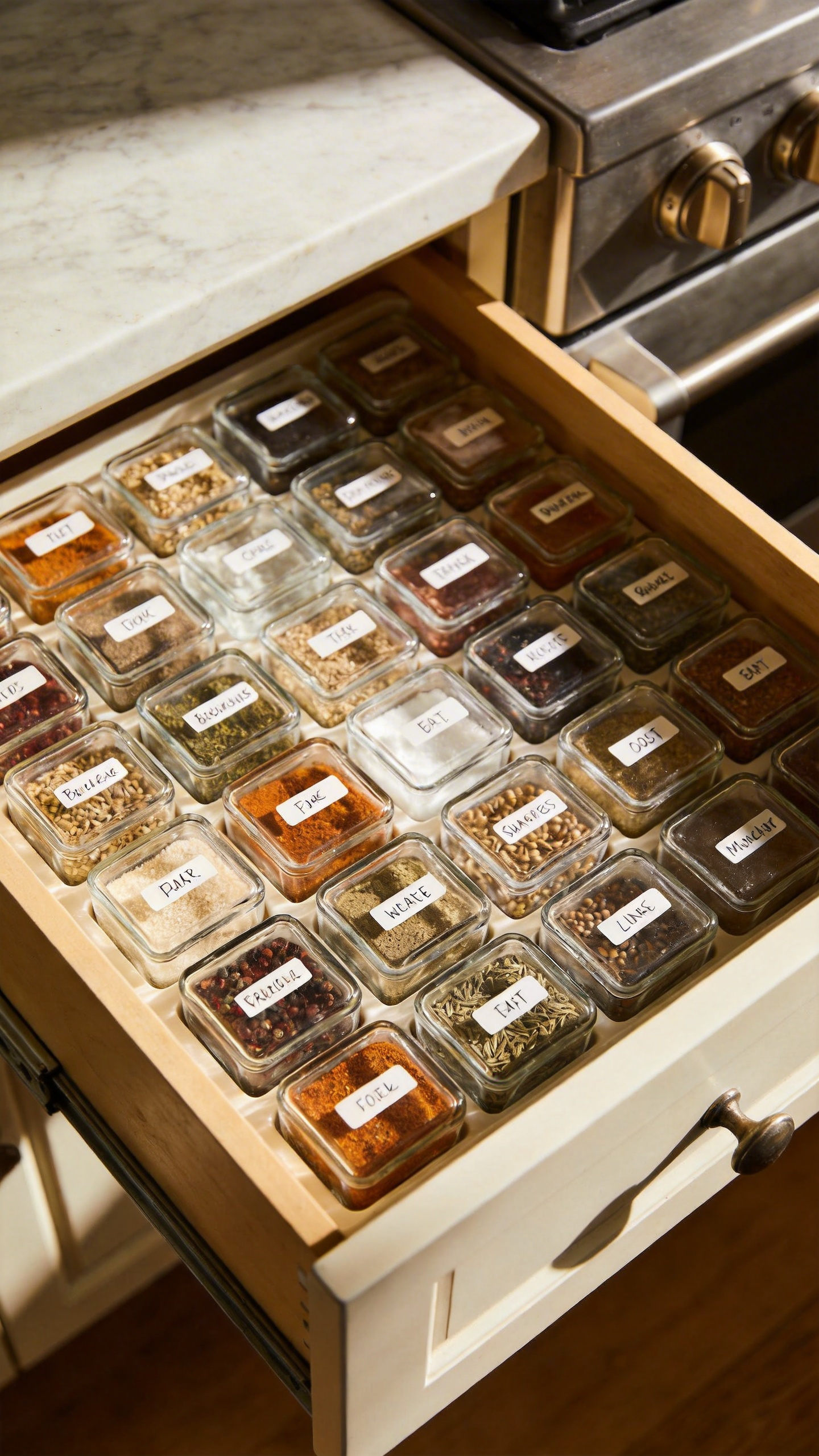 A drawer spice insert with uniform labeled jars turns the daily spice search into a glance — the single most time-saving small kitchen storage solution for active cooks.