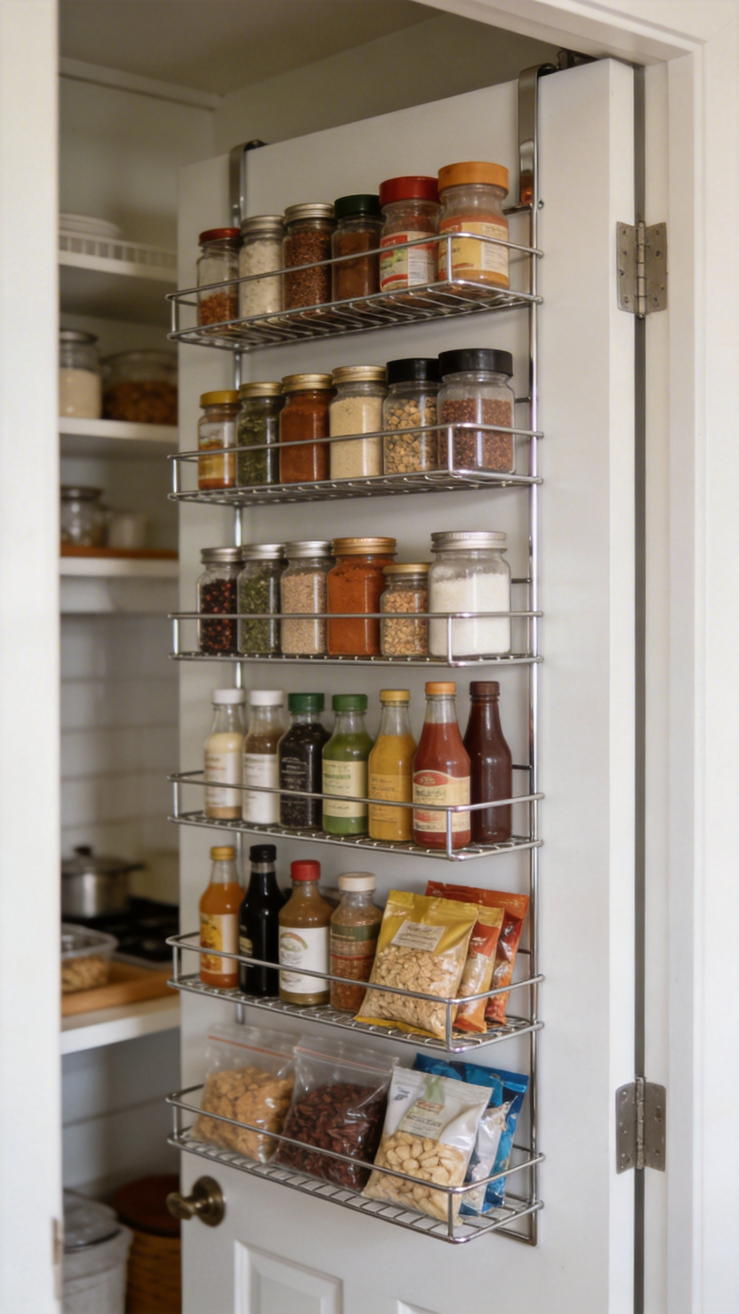 An over-door pantry rack turns the back of any cabinet or pantry door into a fully functional storage zone without a single hole in the wall.
