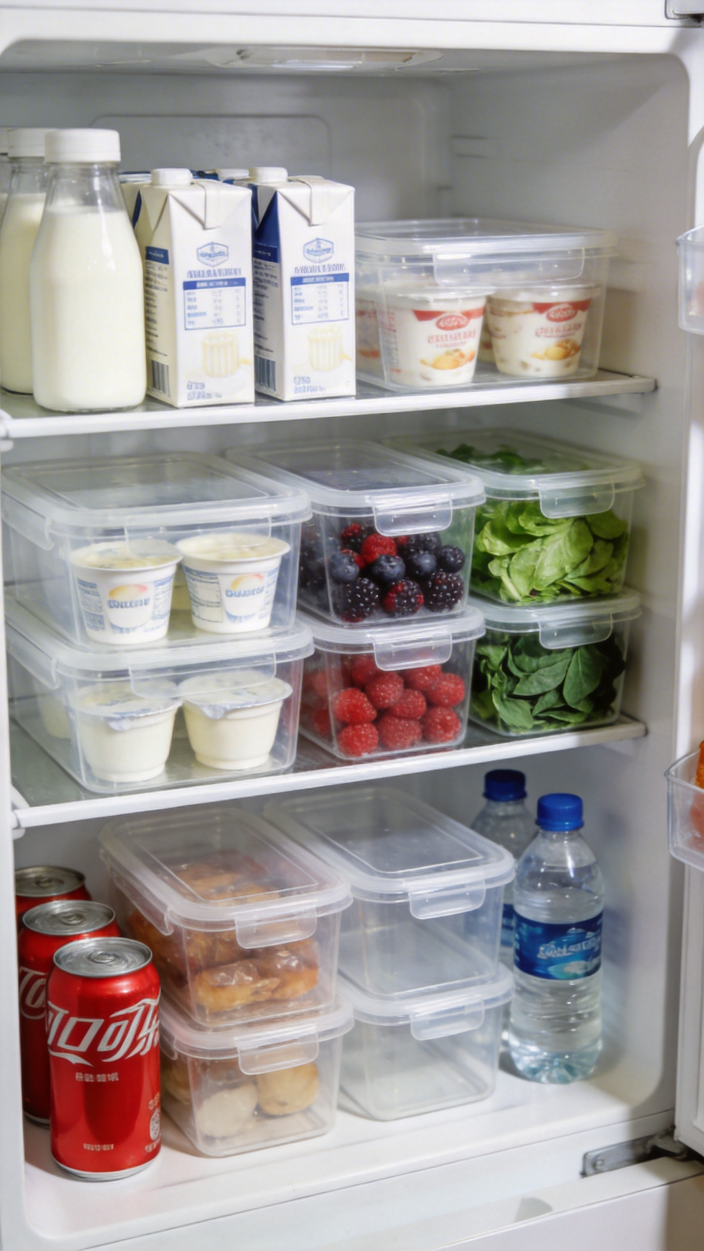 Clear stackable refrigerator bins create visible zones that eliminate the forgotten-food problem and make daily meal prep faster without any new appliances.