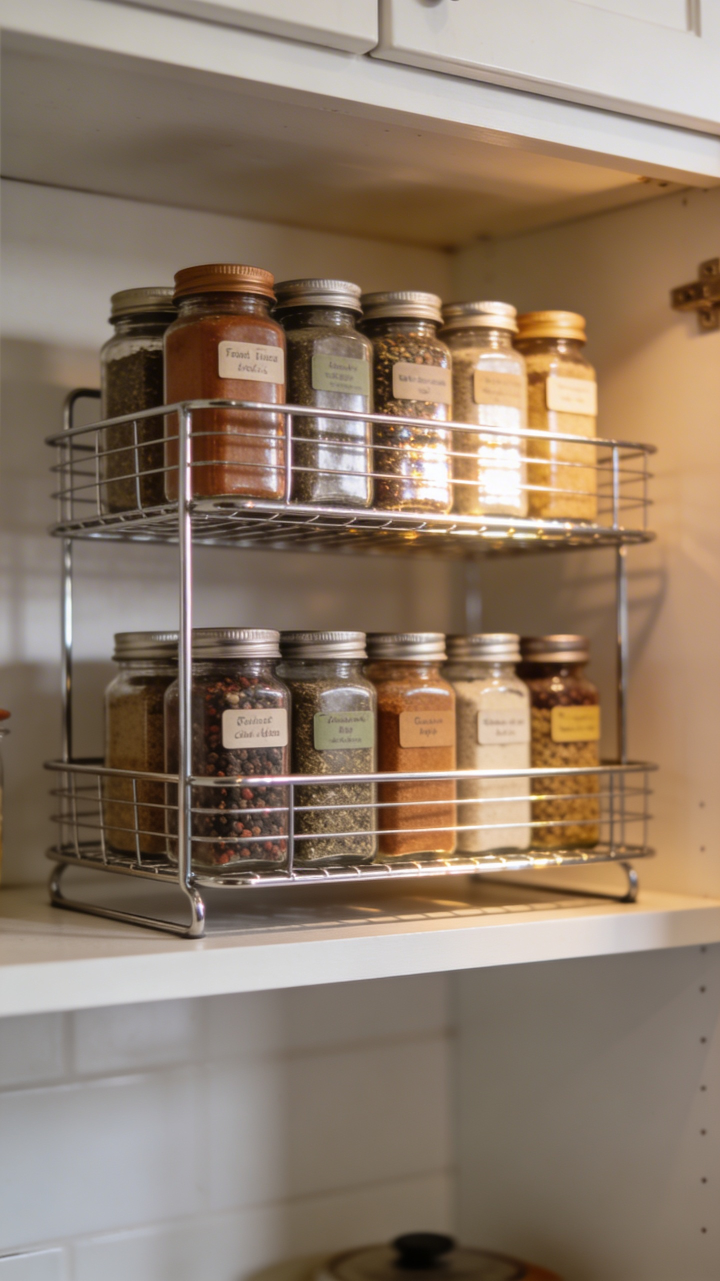 A tiered shelf riser inside a kitchen cabinet turns a single-level shelf into a two-row, fully visible storage system — the cheapest per-impact upgrade in any kitchen.