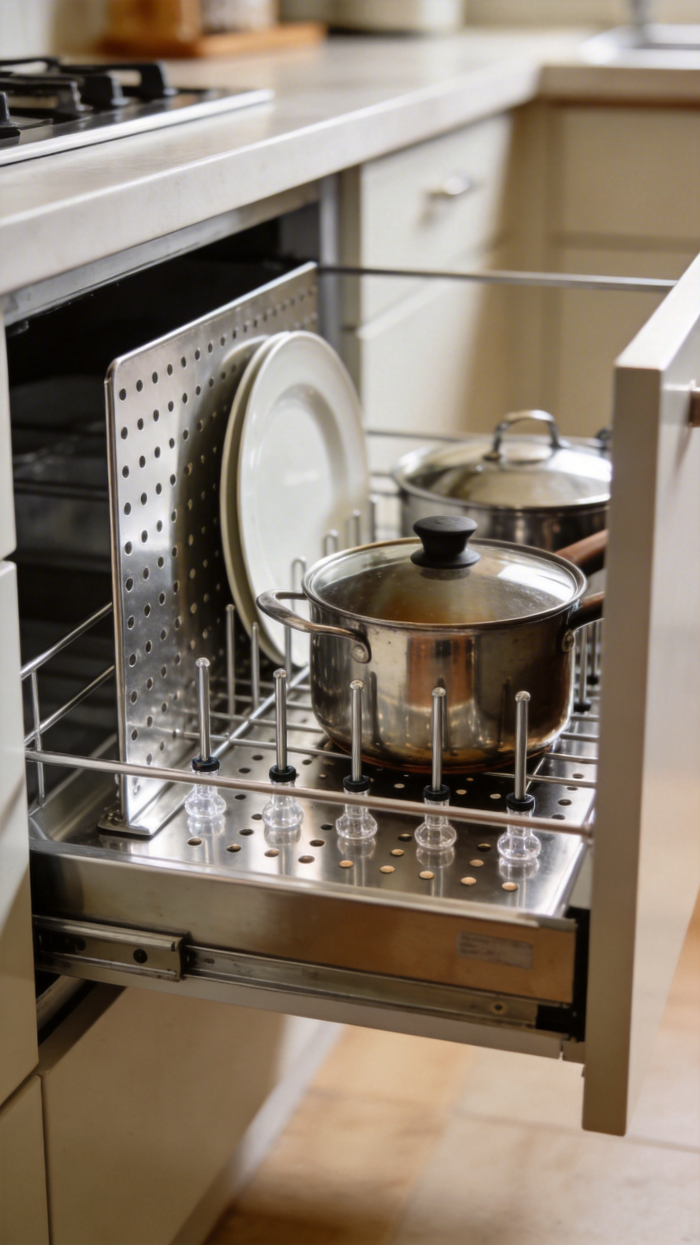 A peg-board drawer insert for deep drawers gives every pot its own fixed position and pairs with a companion lid organizer so cookware and its lid are always together.