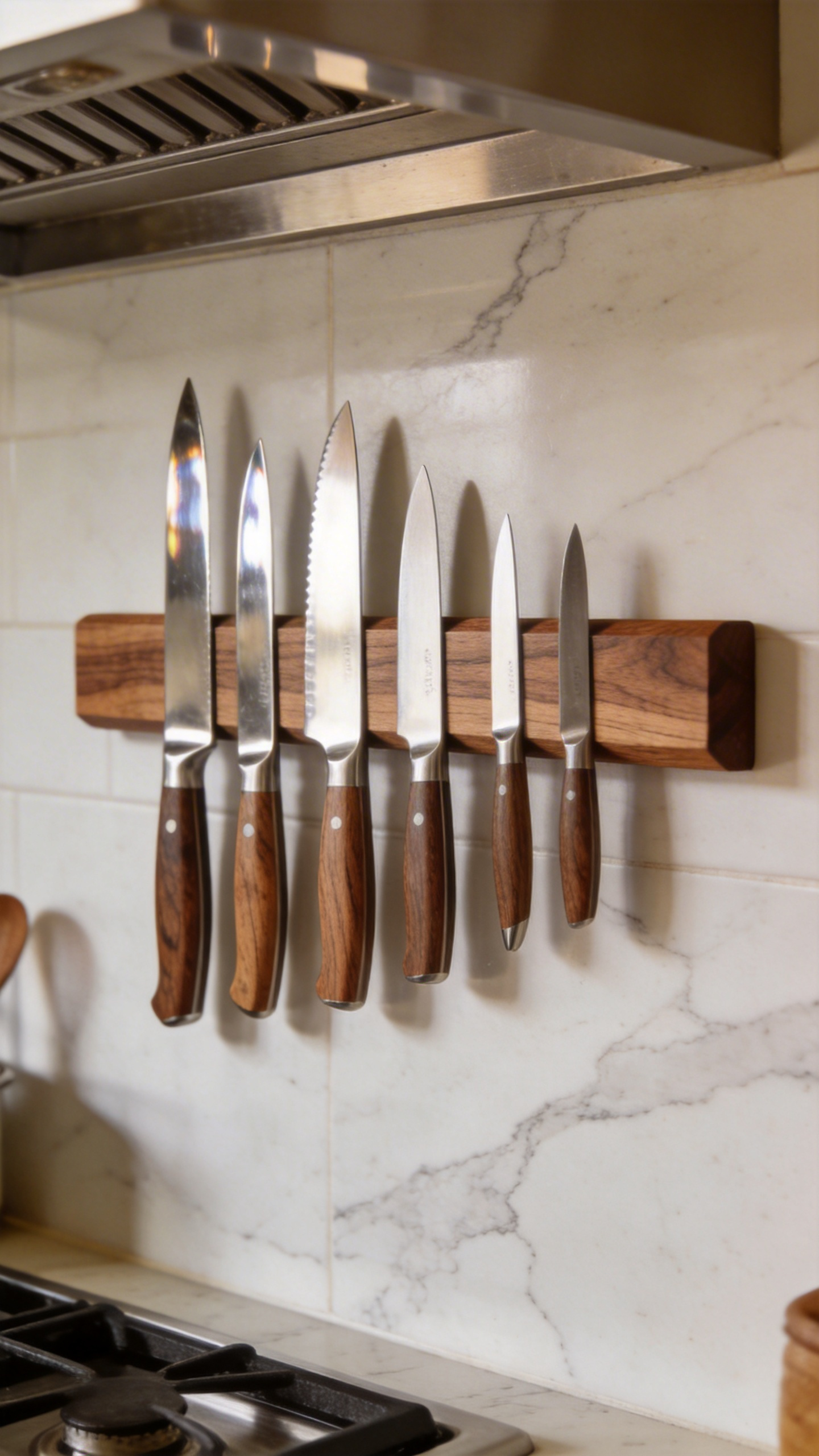 A magnetic knife strip frees up counter space, protects blade edges, and displays your knife collection far better than any block on the counter.