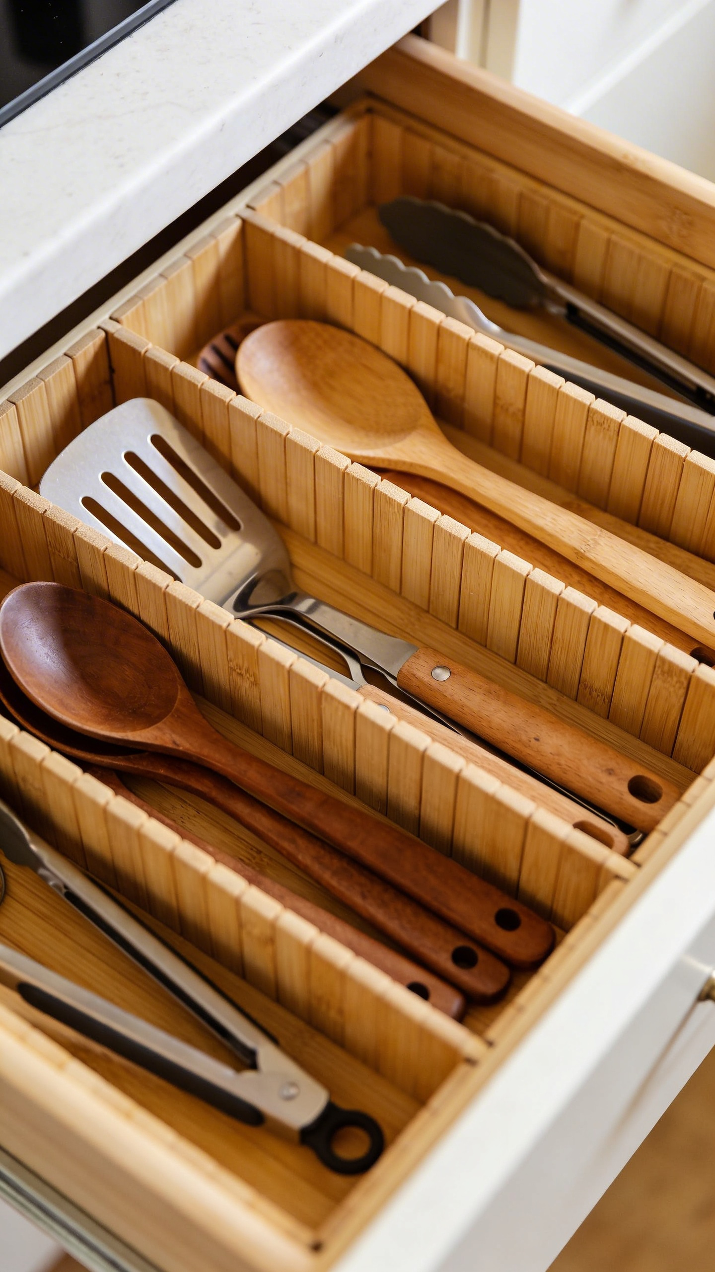 A bamboo expandable drawer divider turns the average utensil drawer into a zoned system where every tool has a position and daily prep never requires a search.