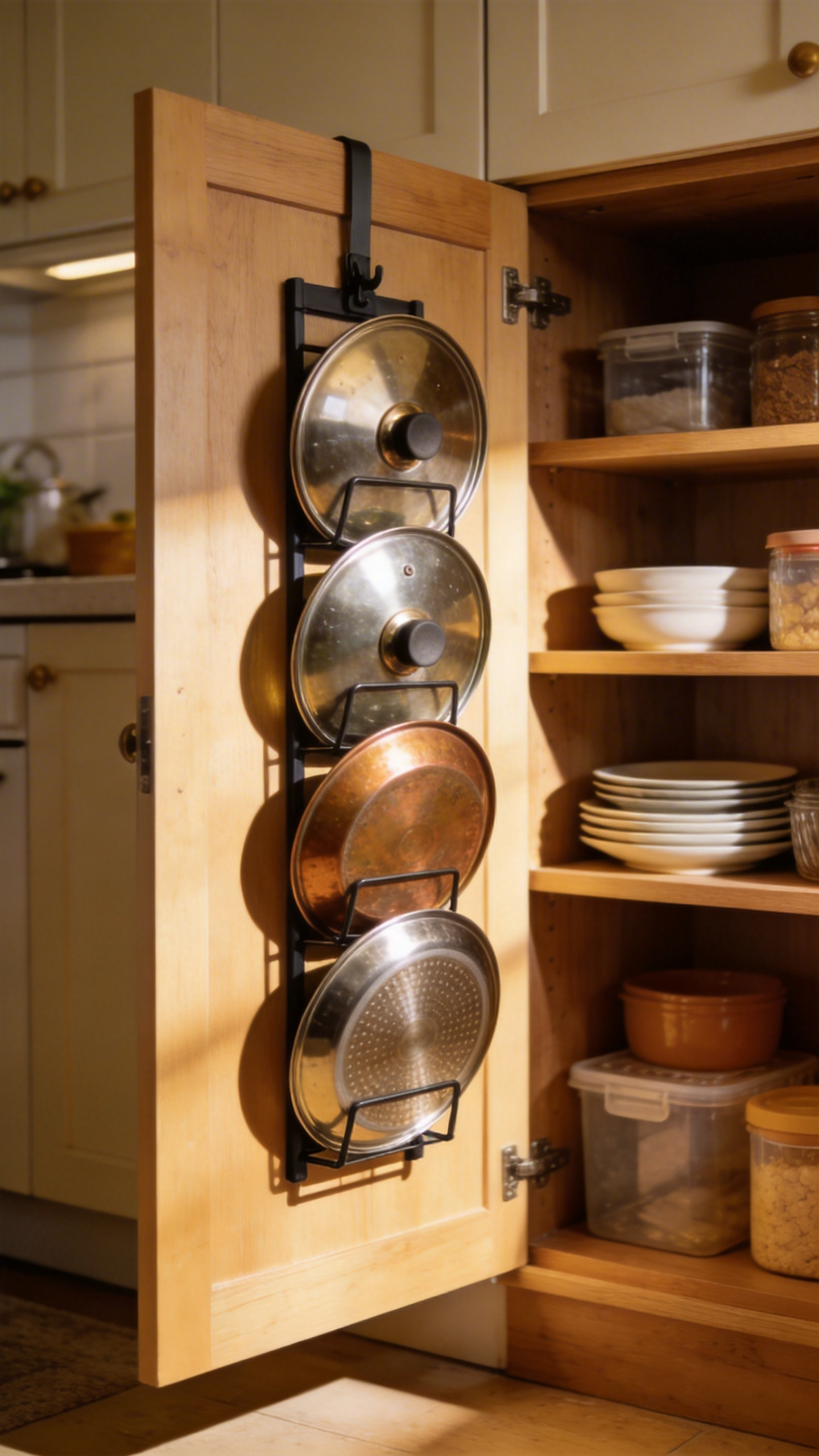 The inside face of a cabinet door is one of the most consistently overlooked storage surfaces in any kitchen — a door-mounted rack or lid organizer uses it without affecting shelf space inside.