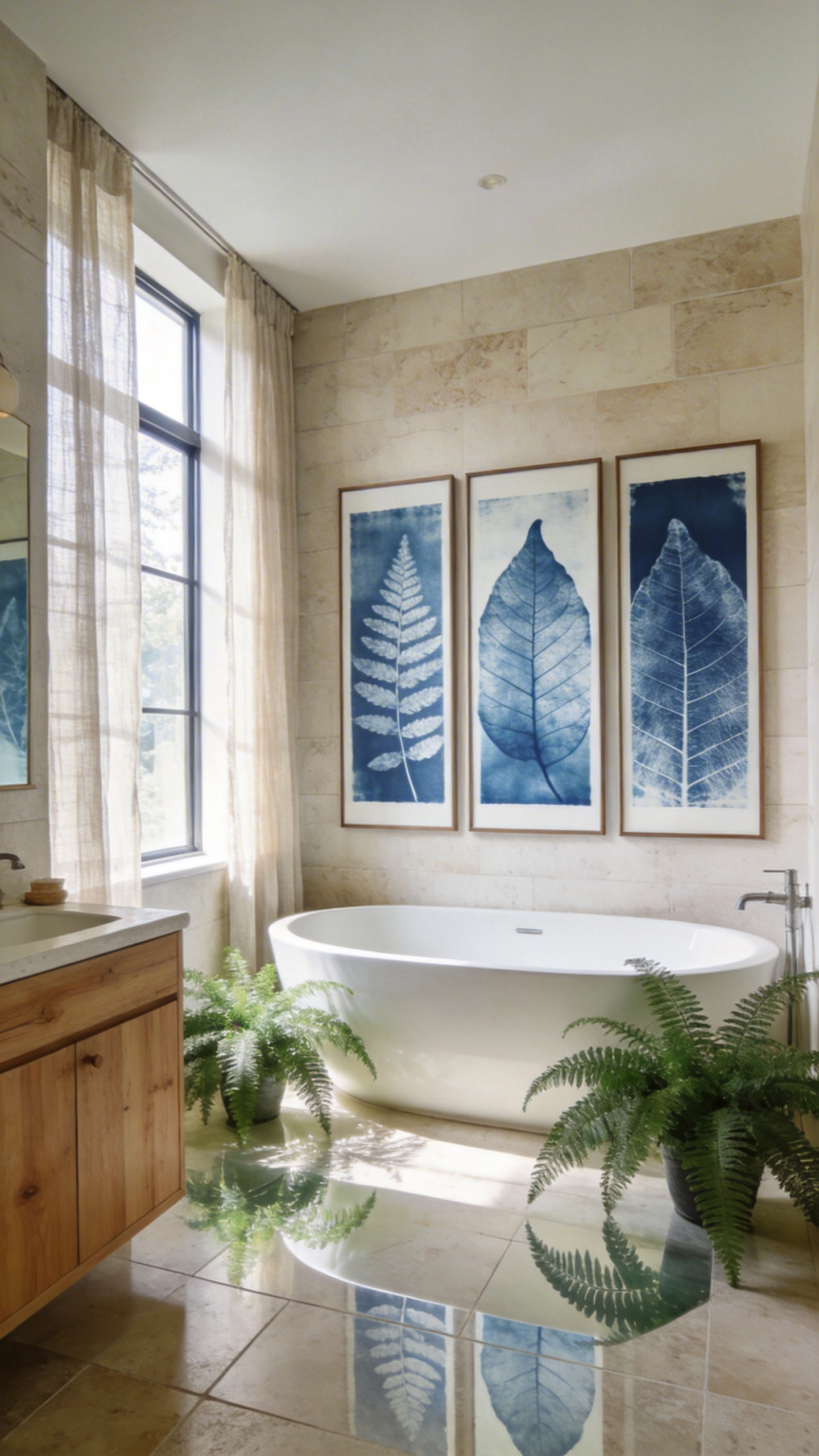 A bright and peaceful bathroom featuring organic botanical art prints displayed above a modern freestanding tub.