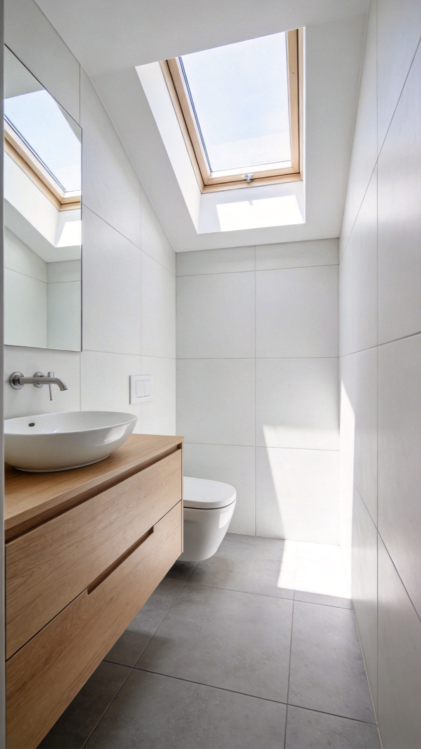 A modern small bathroom utilizing floating vanities and a wall-hung toilet to create an uninterrupted floor plane and enhance spatial flow.