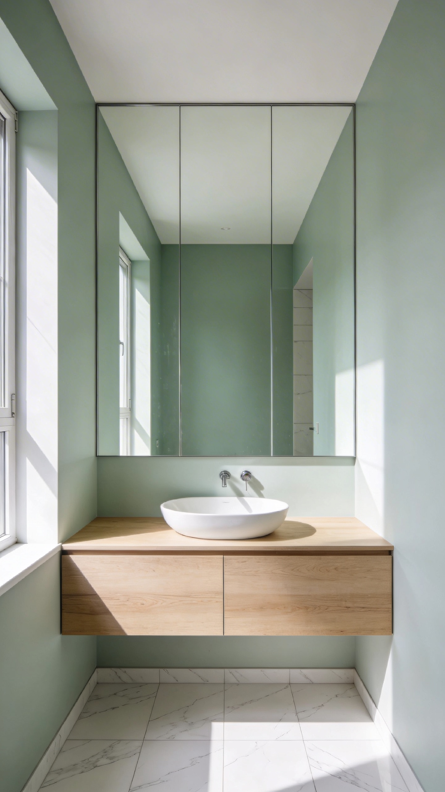 A modern small bathroom featuring a wall-to-wall frameless mirror that reflects light and creates the appearance of a larger room.