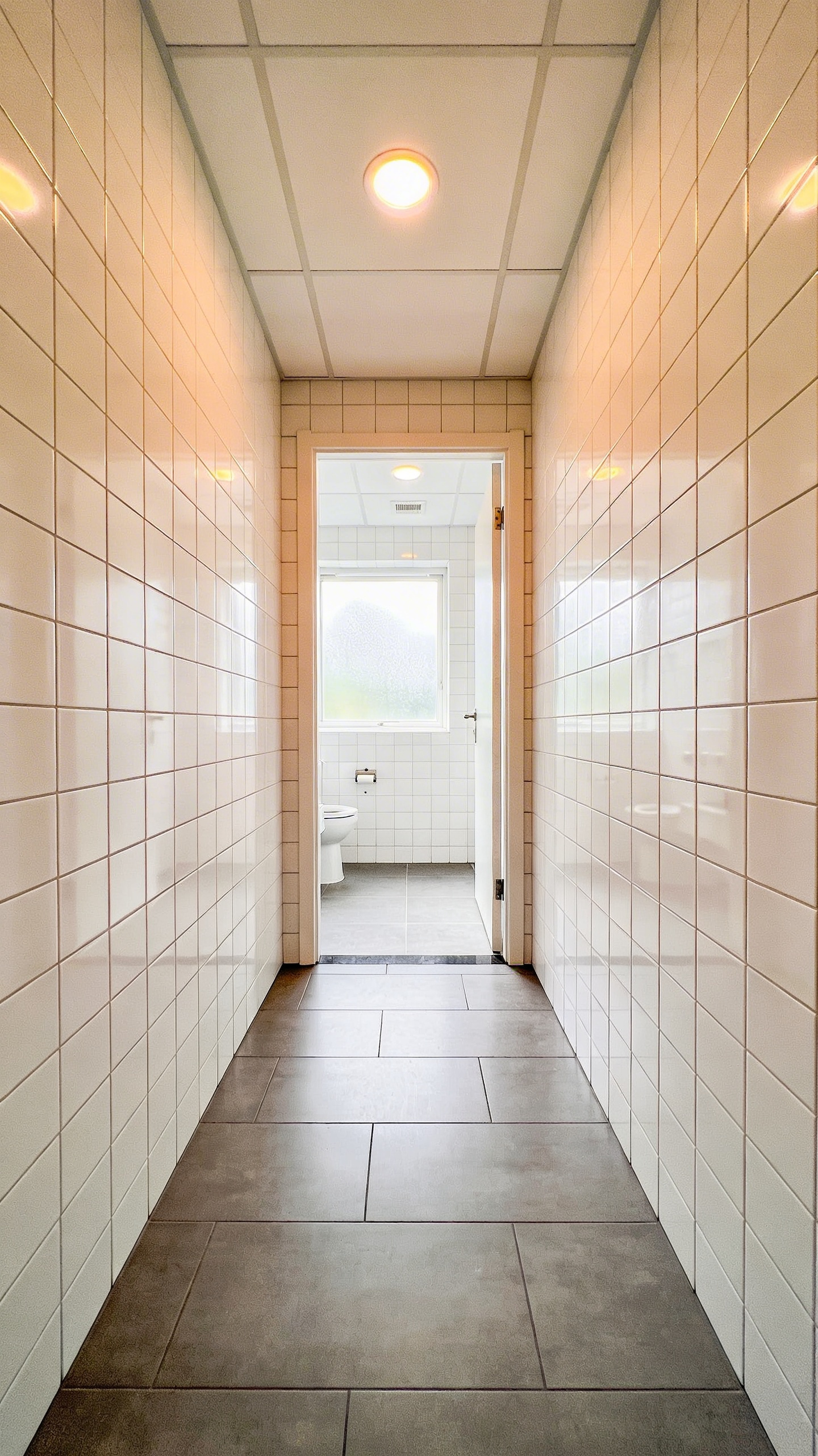 A brightly lit modern bathroom showing a clear tonal contrast between medium-gray floor tiles and white wall tiles for safe visual navigation.