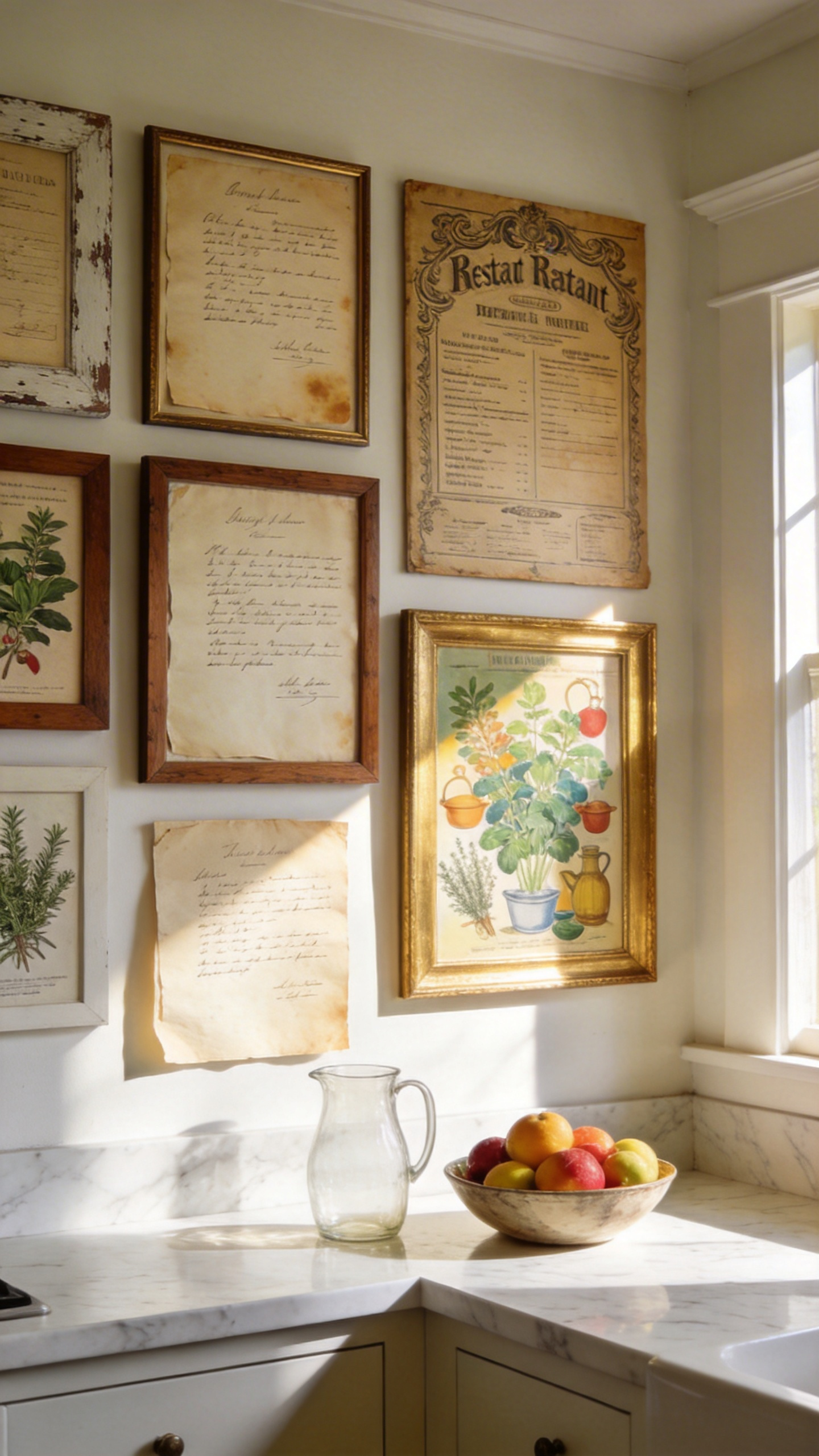 A gallery wall in a kitchen featuring framed vintage handwritten recipes, antique menus, and botanical herb prints in a sunlit interior.